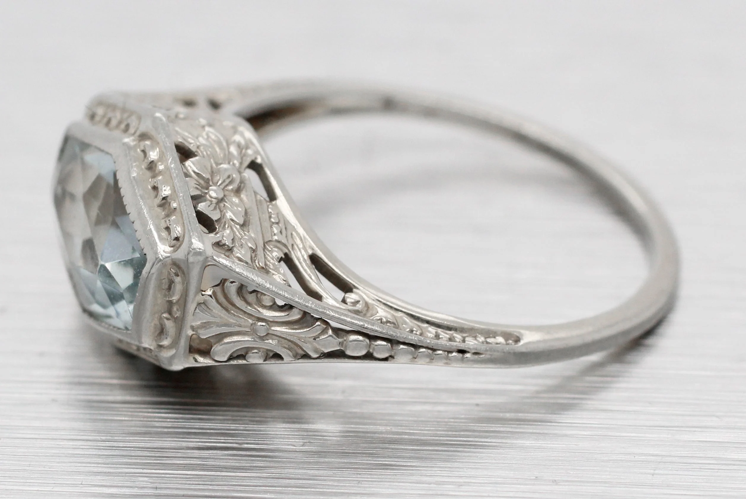 Antique Art Deco Aquamarine Hexagon Band Ring - 18k White Gold Floral Motif - Image 2