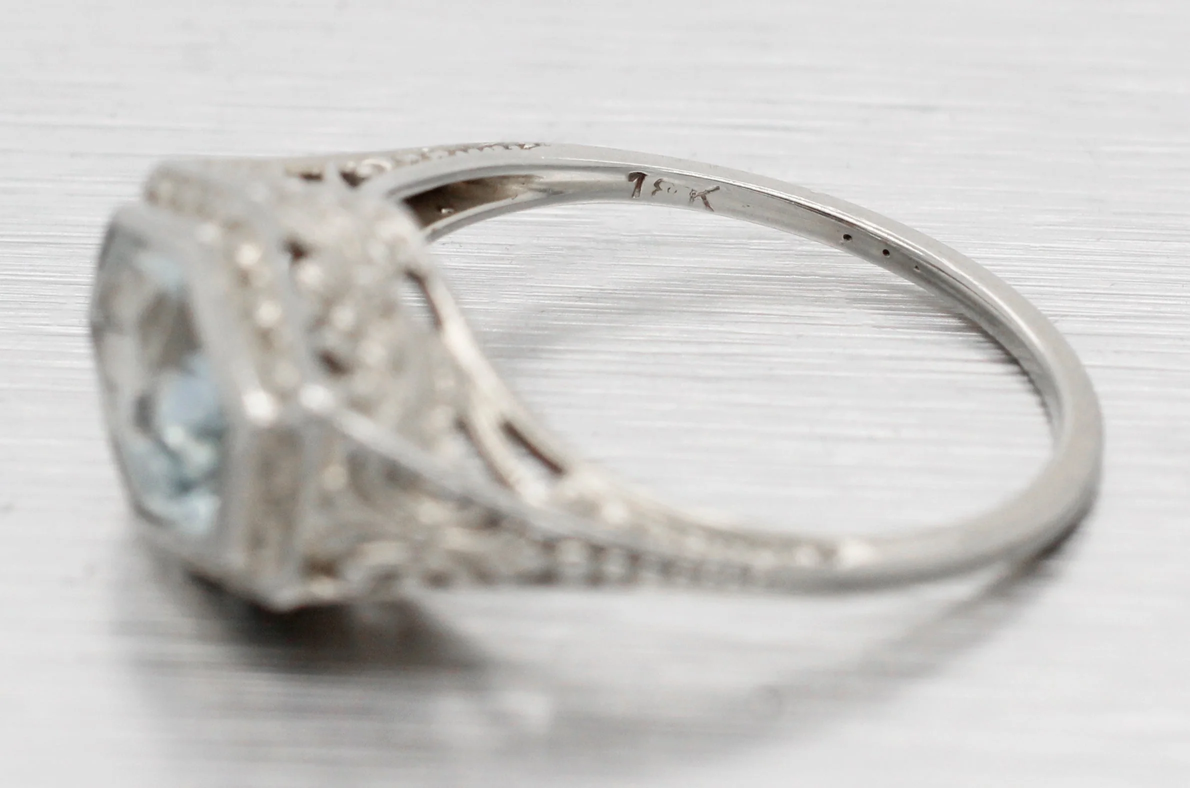 Antique Art Deco Aquamarine Hexagon Band Ring - 18k White Gold Floral Motif - Image 3