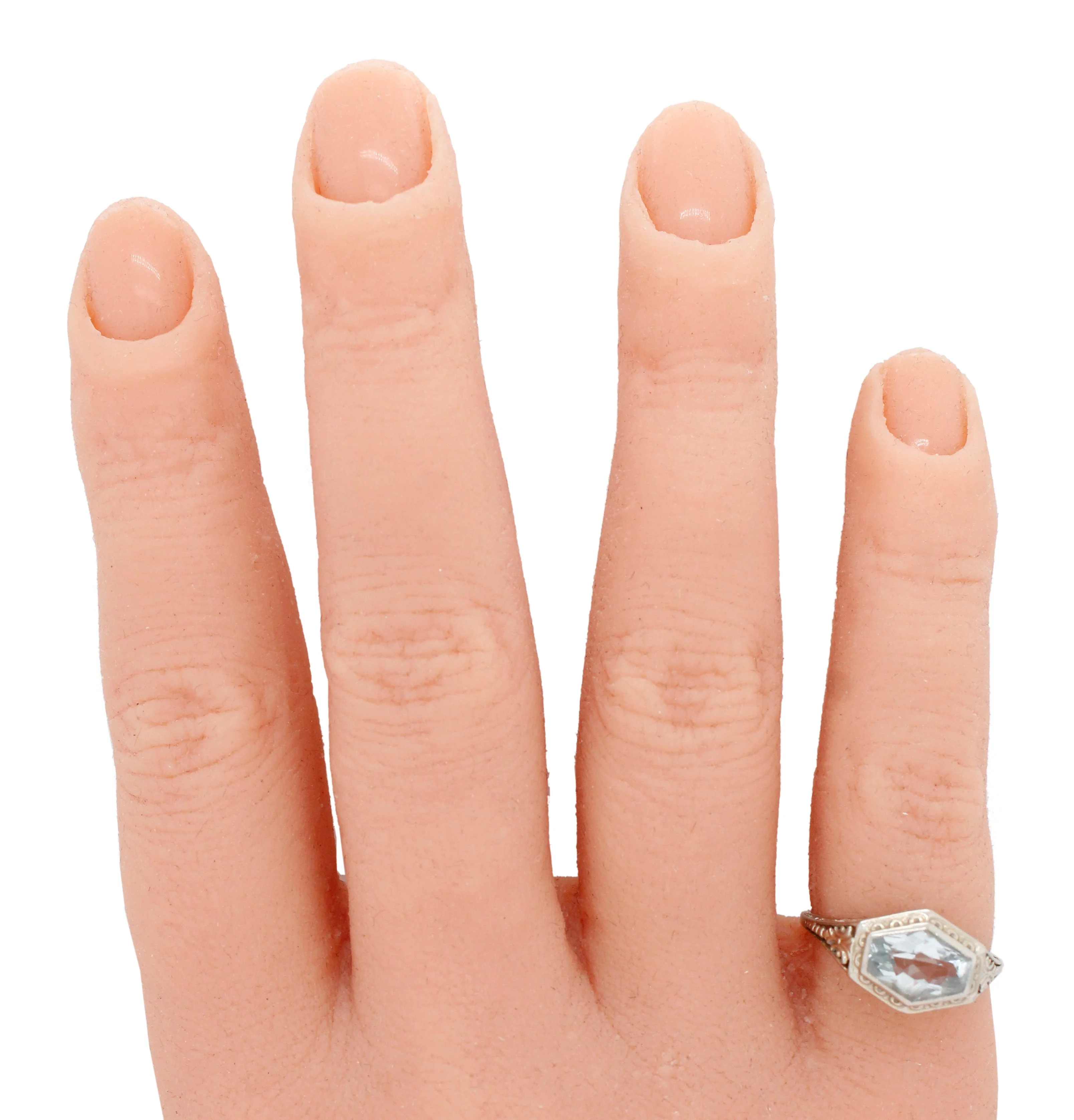 Antique Art Deco Aquamarine Hexagon Band Ring - 18k White Gold Floral Motif - Image 7