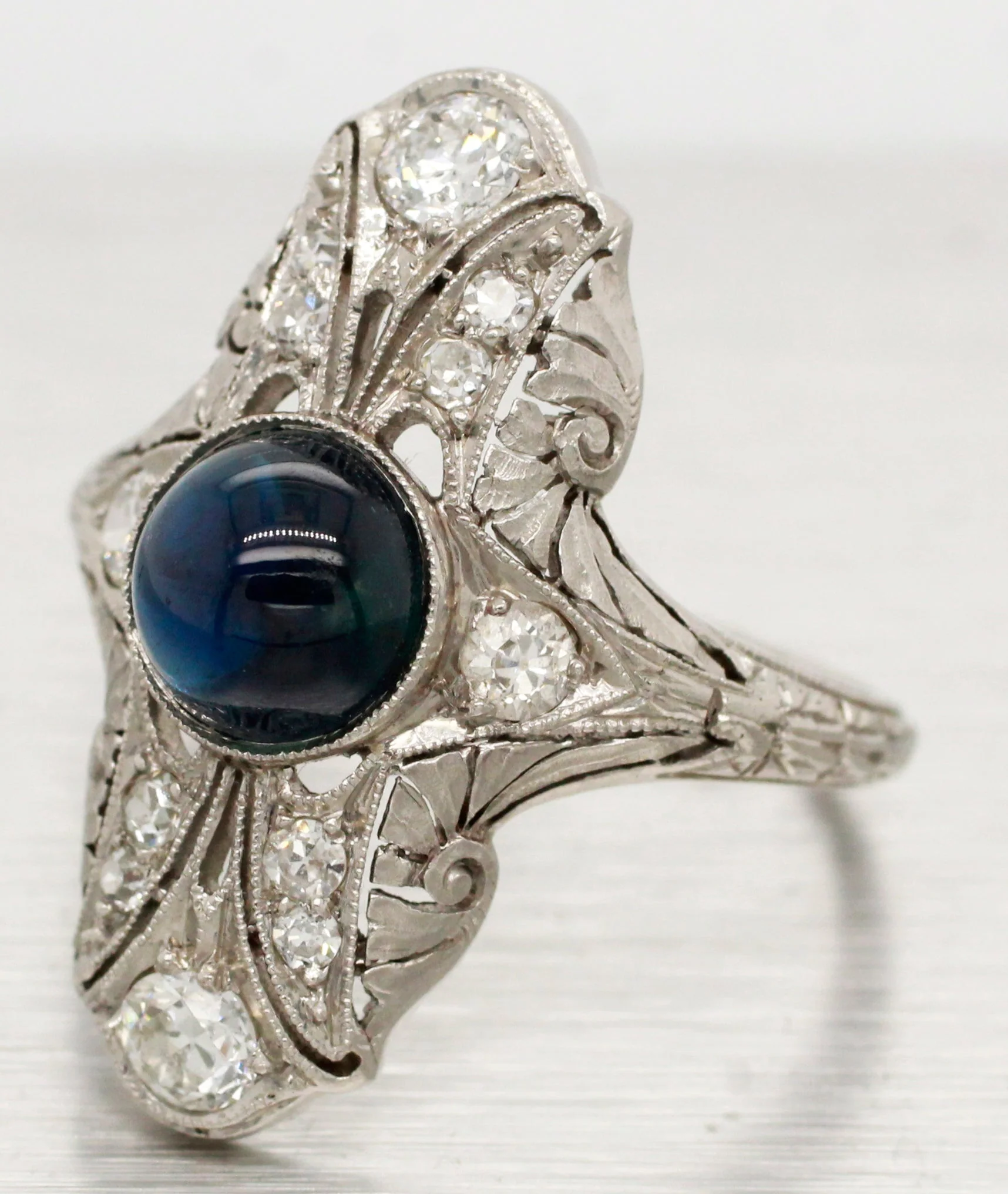 Antique Art Deco Cabochon Sapphire Cocktail Ring - 18k White Gold & Diamonds - Image 2