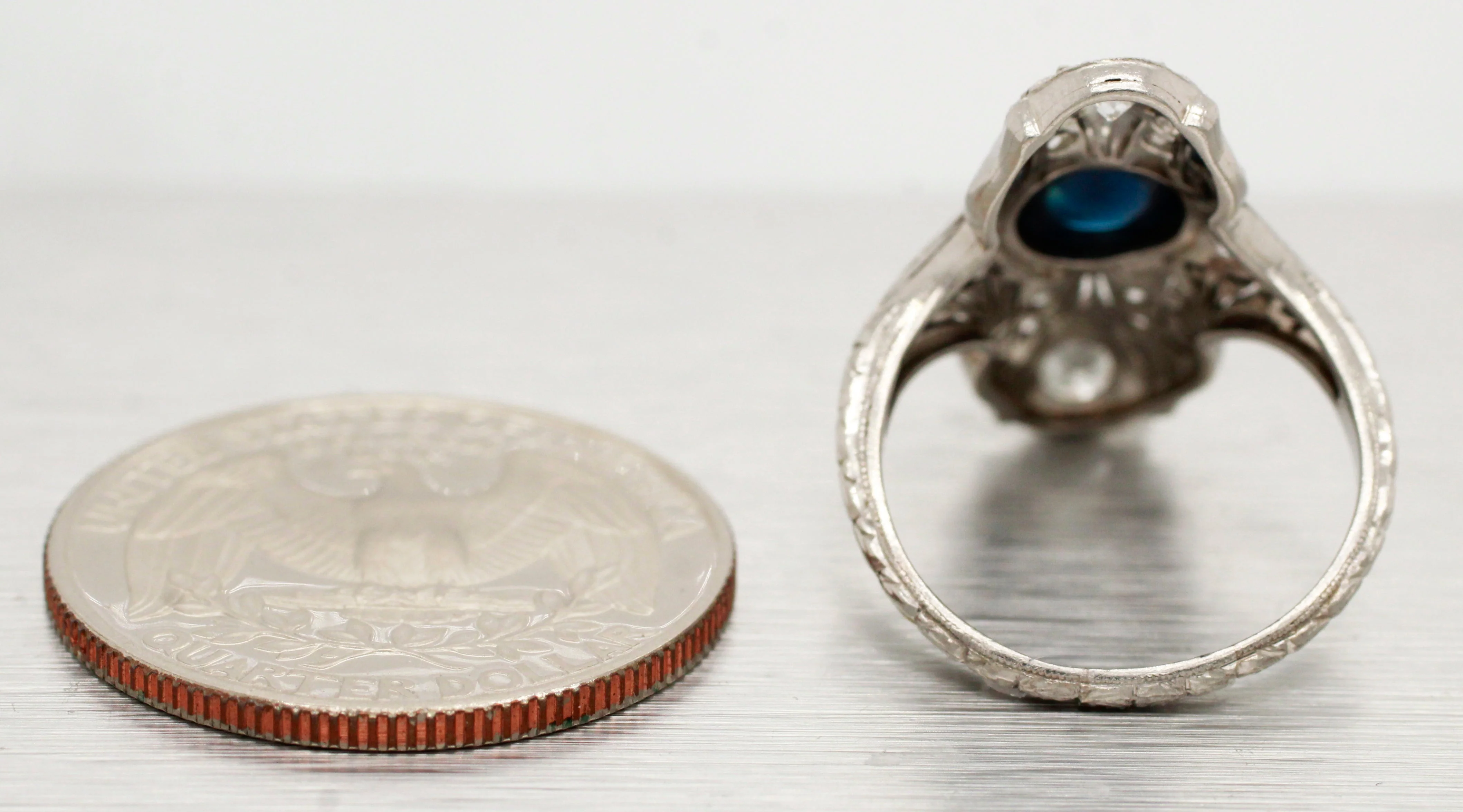 Antique Art Deco Cabochon Sapphire Cocktail Ring - 18k White Gold & Diamonds - Image 5