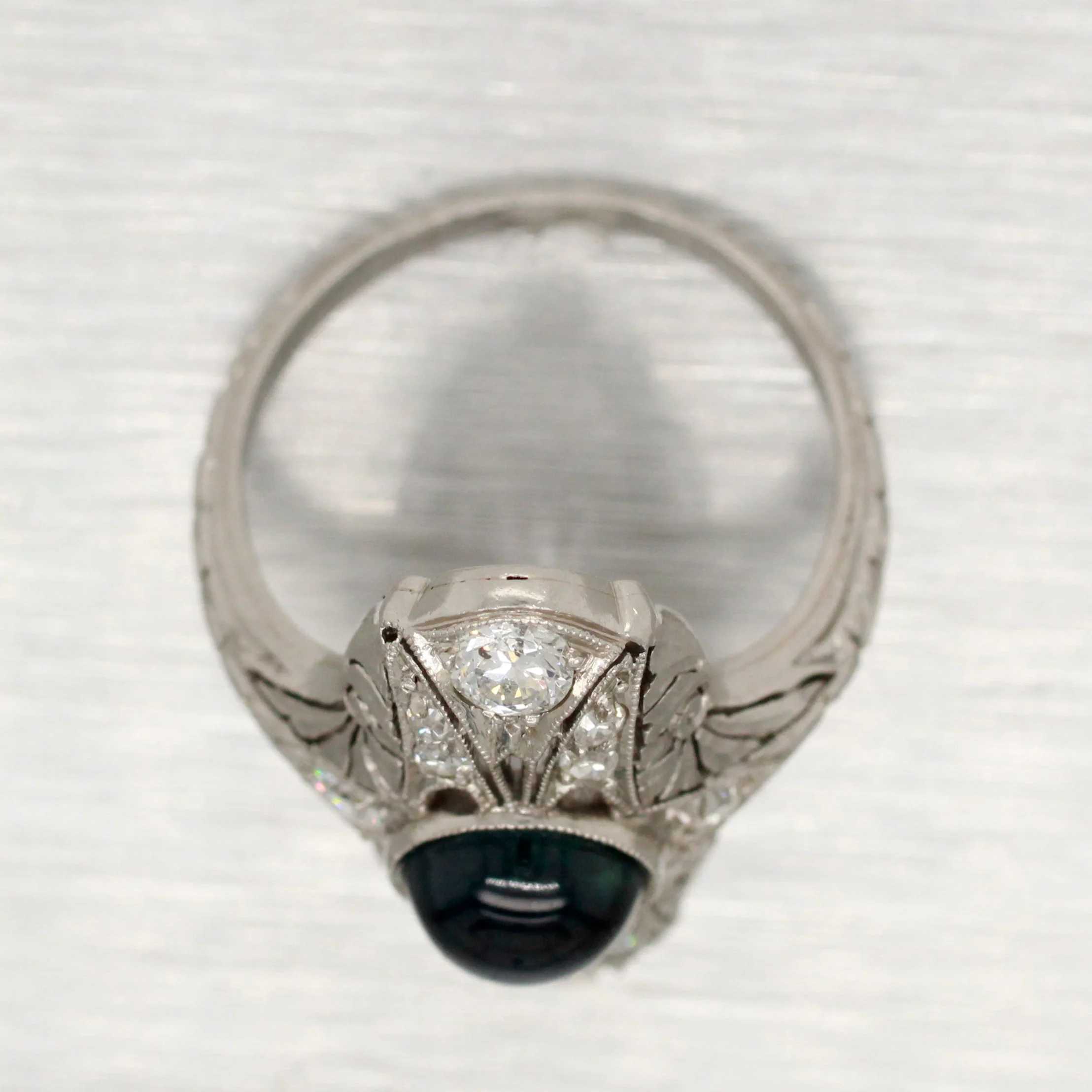 Antique Art Deco Cabochon Sapphire Cocktail Ring - 18k White Gold & Diamonds - Image 6