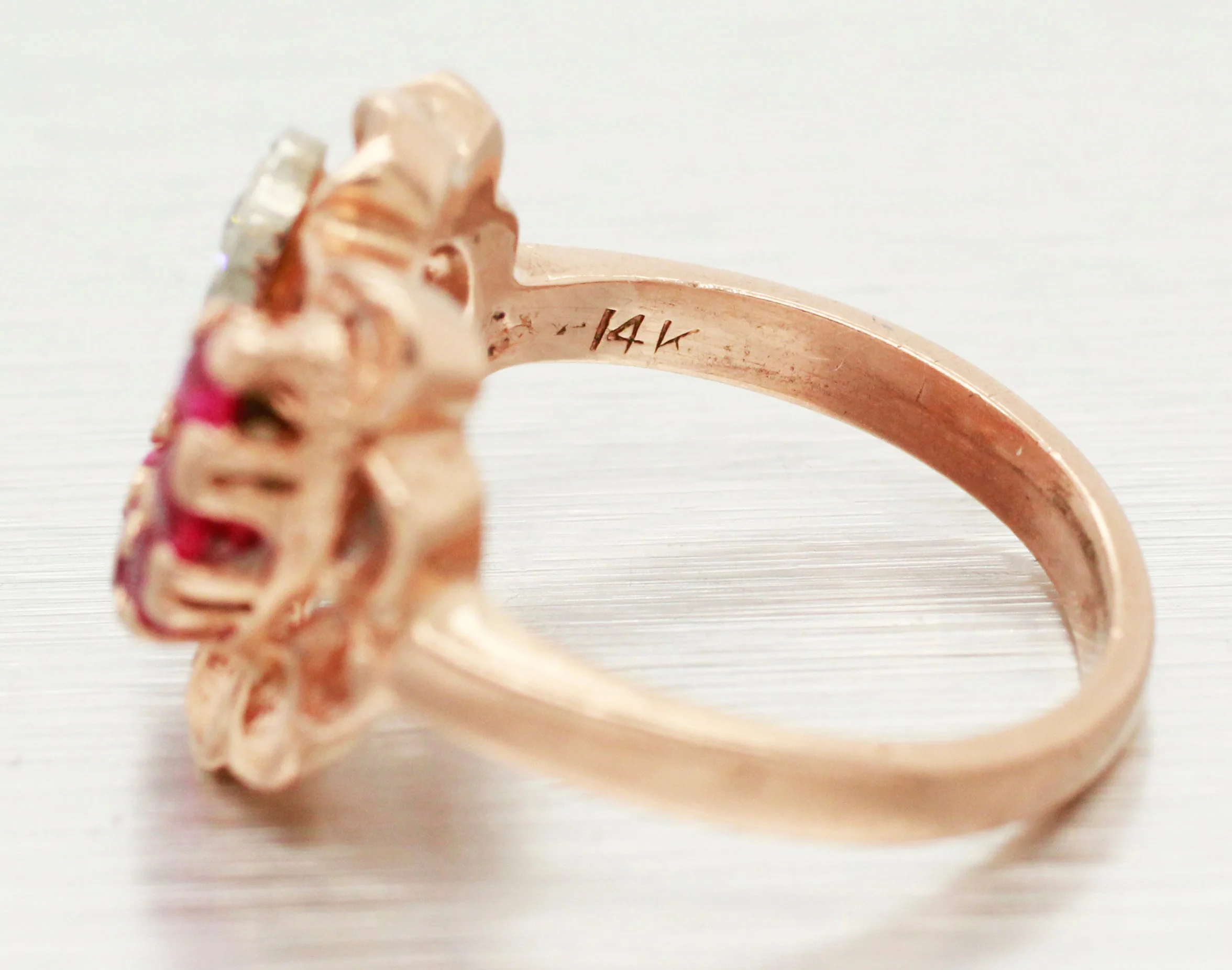 Antique Art Deco 0.50ctw Ruby & Diamond Floral Cocktail Ring - 14k Rose Gold - Image 3