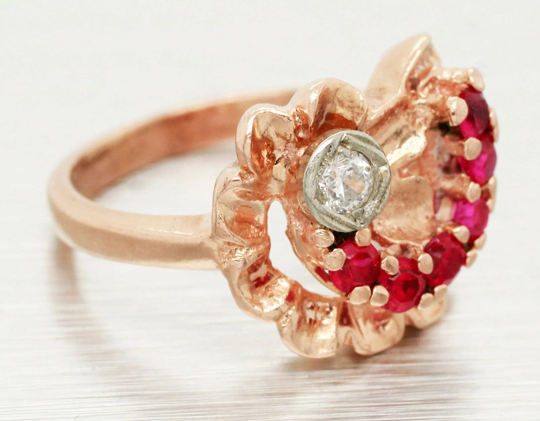 Antique Art Deco 0.50ctw Ruby & Diamond Floral Cocktail Ring - 14k Rose Gold - Image 4