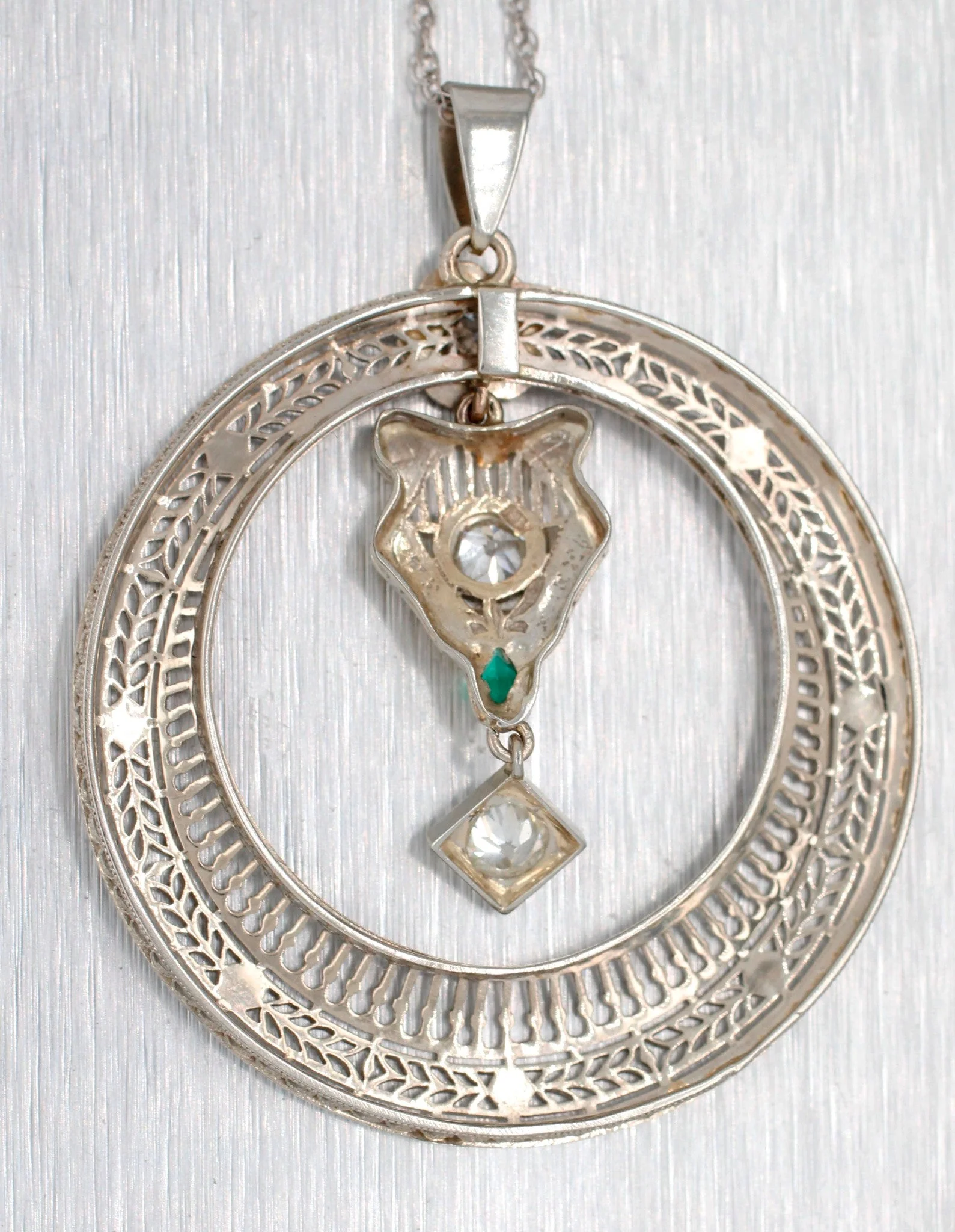 Antique Art Deco Diamond Emerald Open Circle Pendant 14k White Gold 18” Necklace - Image 2