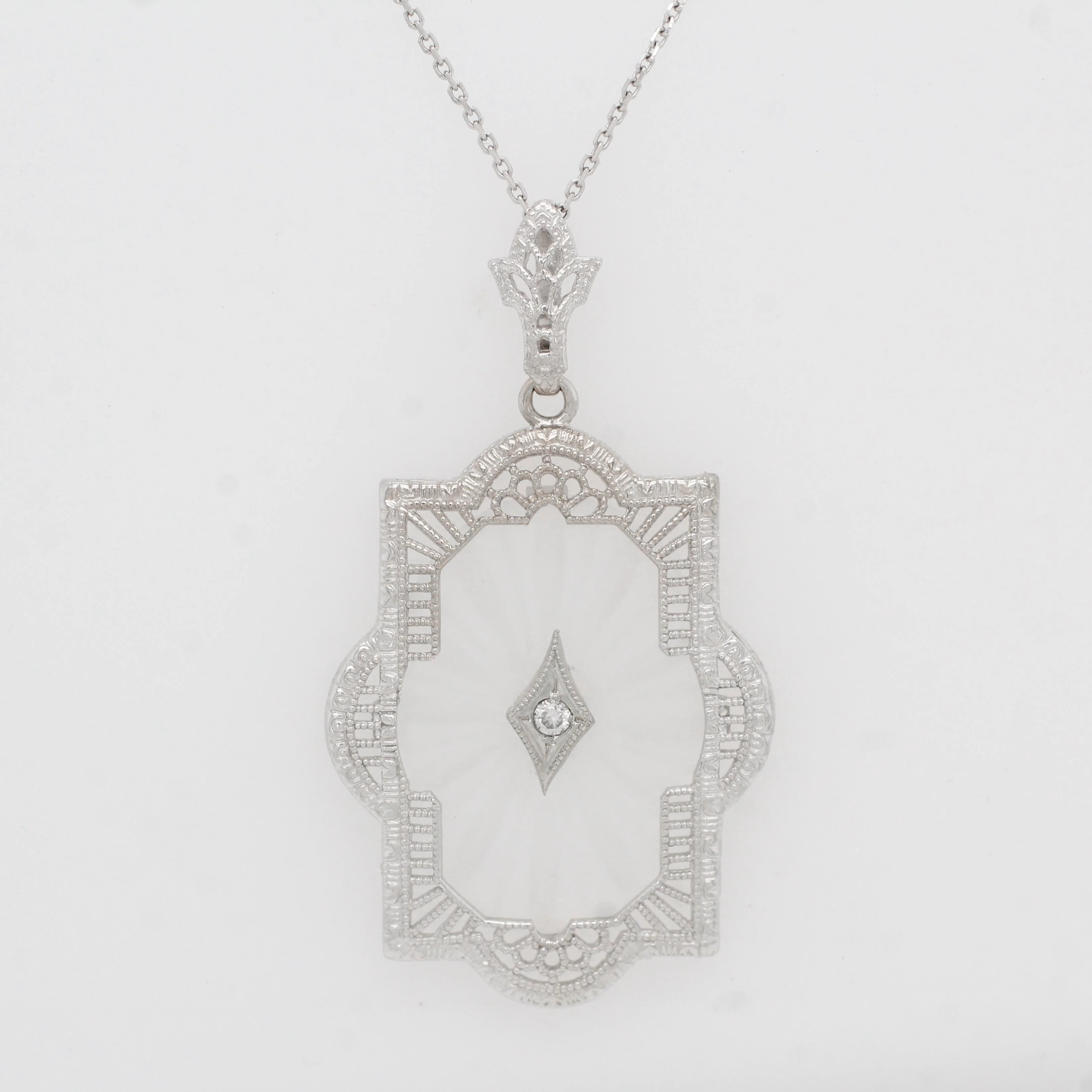 Antique Art Deco Diamond & Rock Crystal Pendant - 14k White Gold Necklace - 17" - Image 2