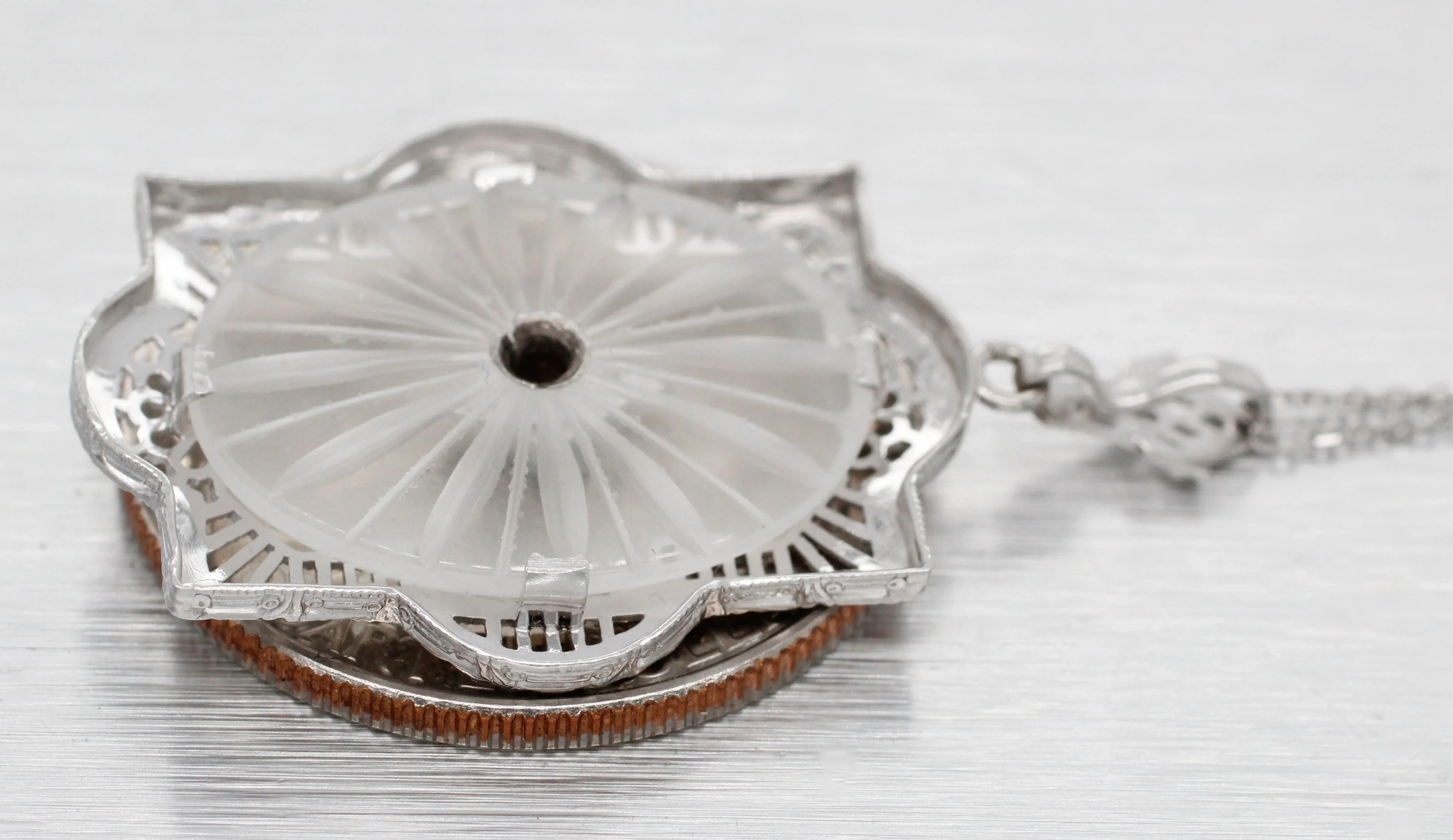 Antique Art Deco Diamond & Rock Crystal Pendant - 14k White Gold Necklace - 17" - Image 3