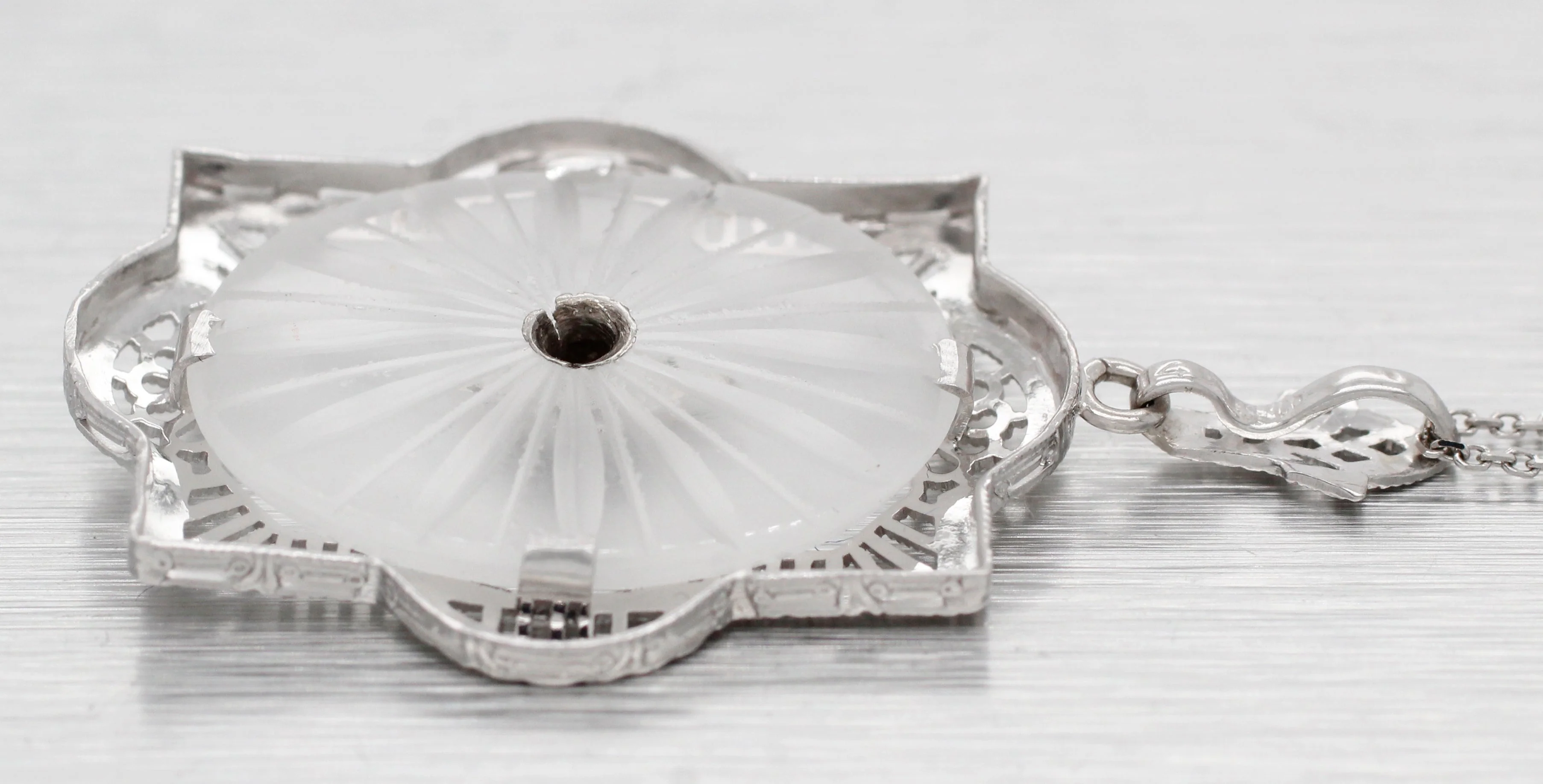 Antique Art Deco Diamond & Rock Crystal Pendant - 14k White Gold Necklace - 17" - Image 4