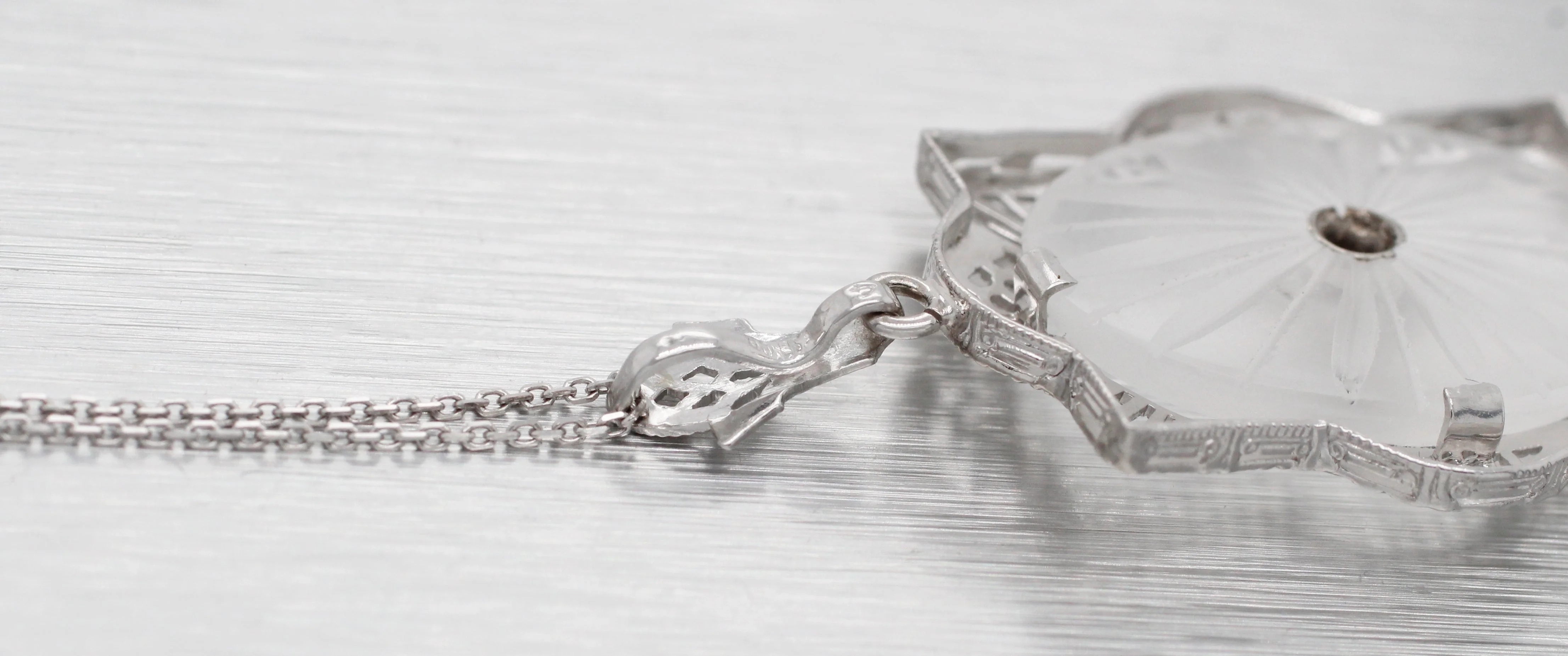 Antique Art Deco Diamond & Rock Crystal Pendant - 14k White Gold Necklace - 17" - Image 5