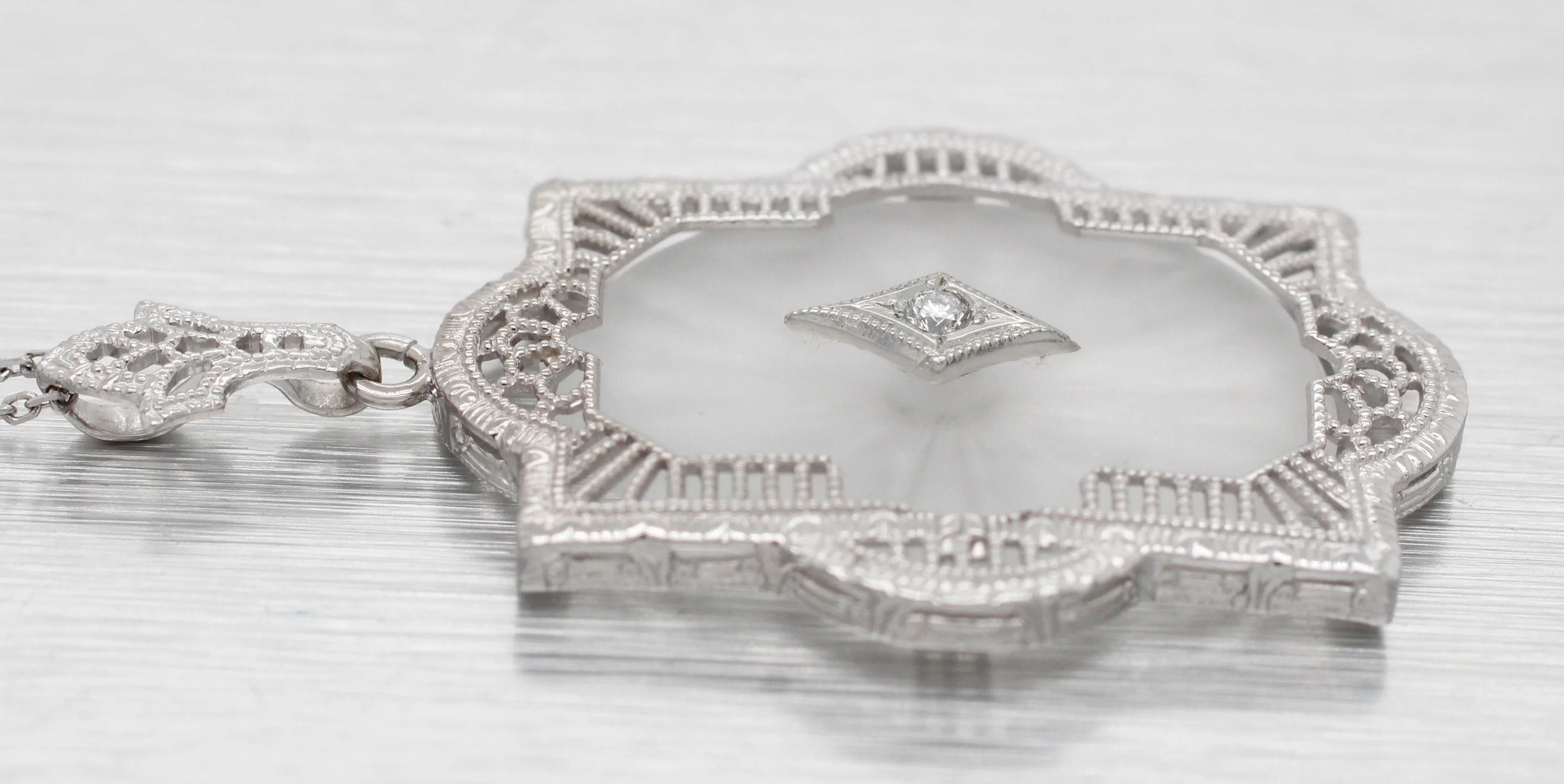 Antique Art Deco Diamond & Rock Crystal Pendant - 14k White Gold Necklace - 17" - Image 7