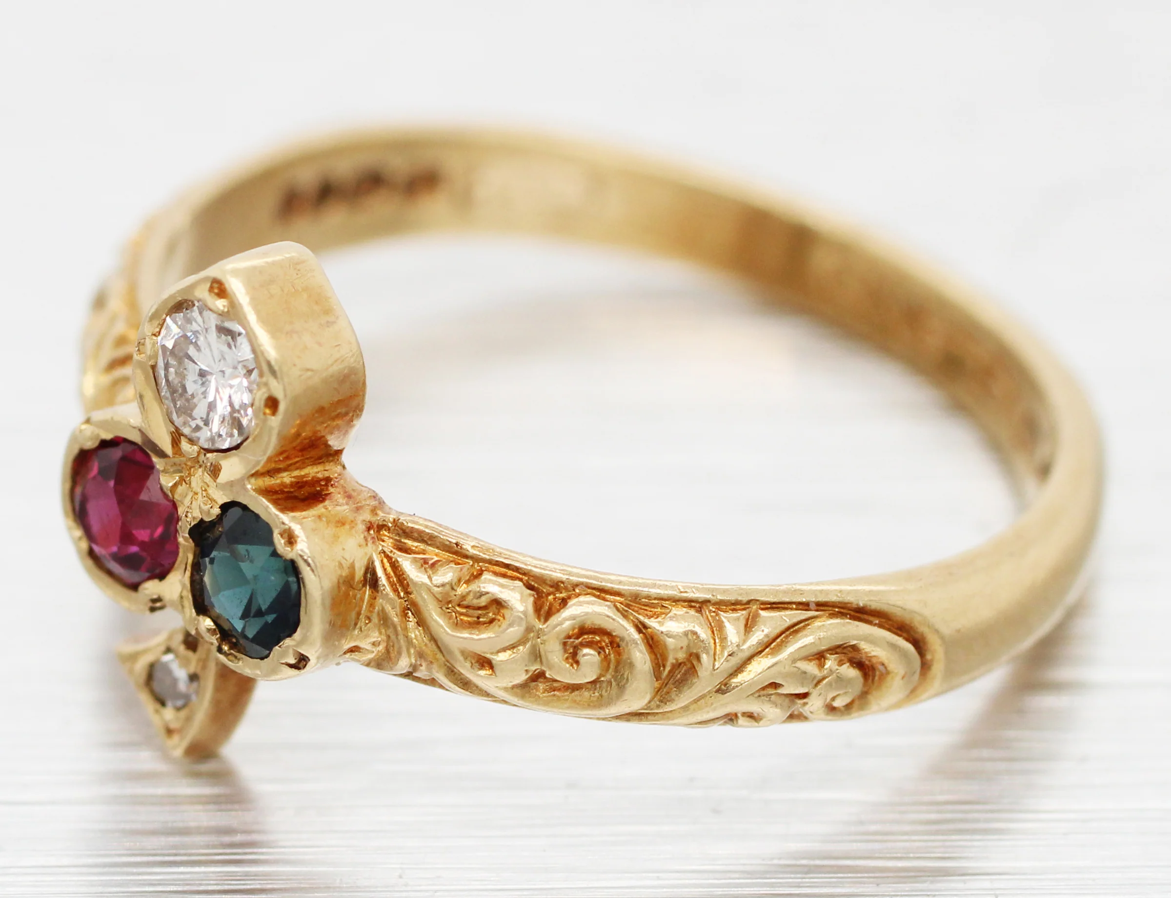 Antique Art Deco Diamond Ruby & Sapphire Club Clover Ring - 14k Yellow Gold Band - Image 2