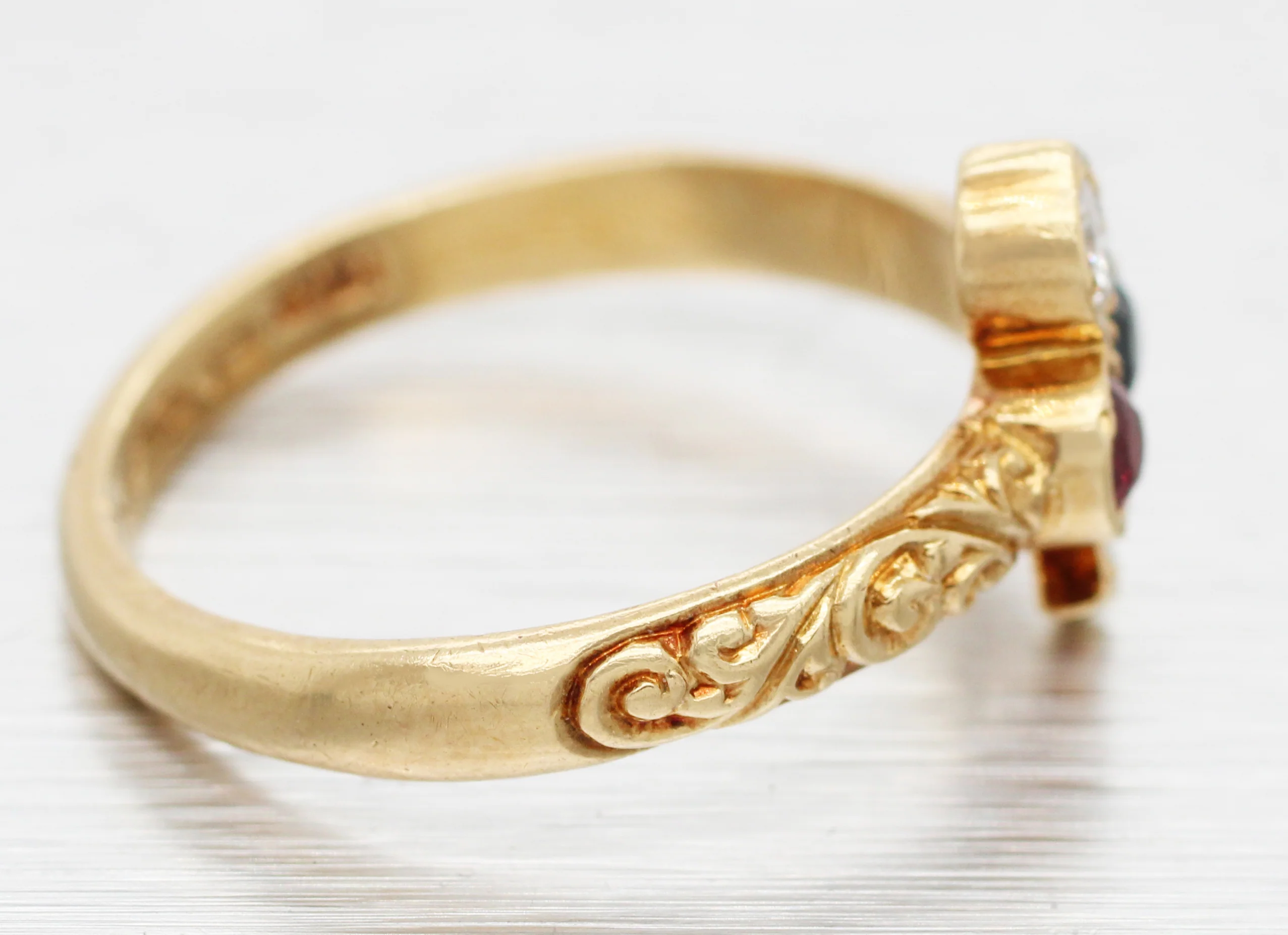 Antique Art Deco Diamond Ruby & Sapphire Club Clover Ring - 14k Yellow Gold Band - Image 3