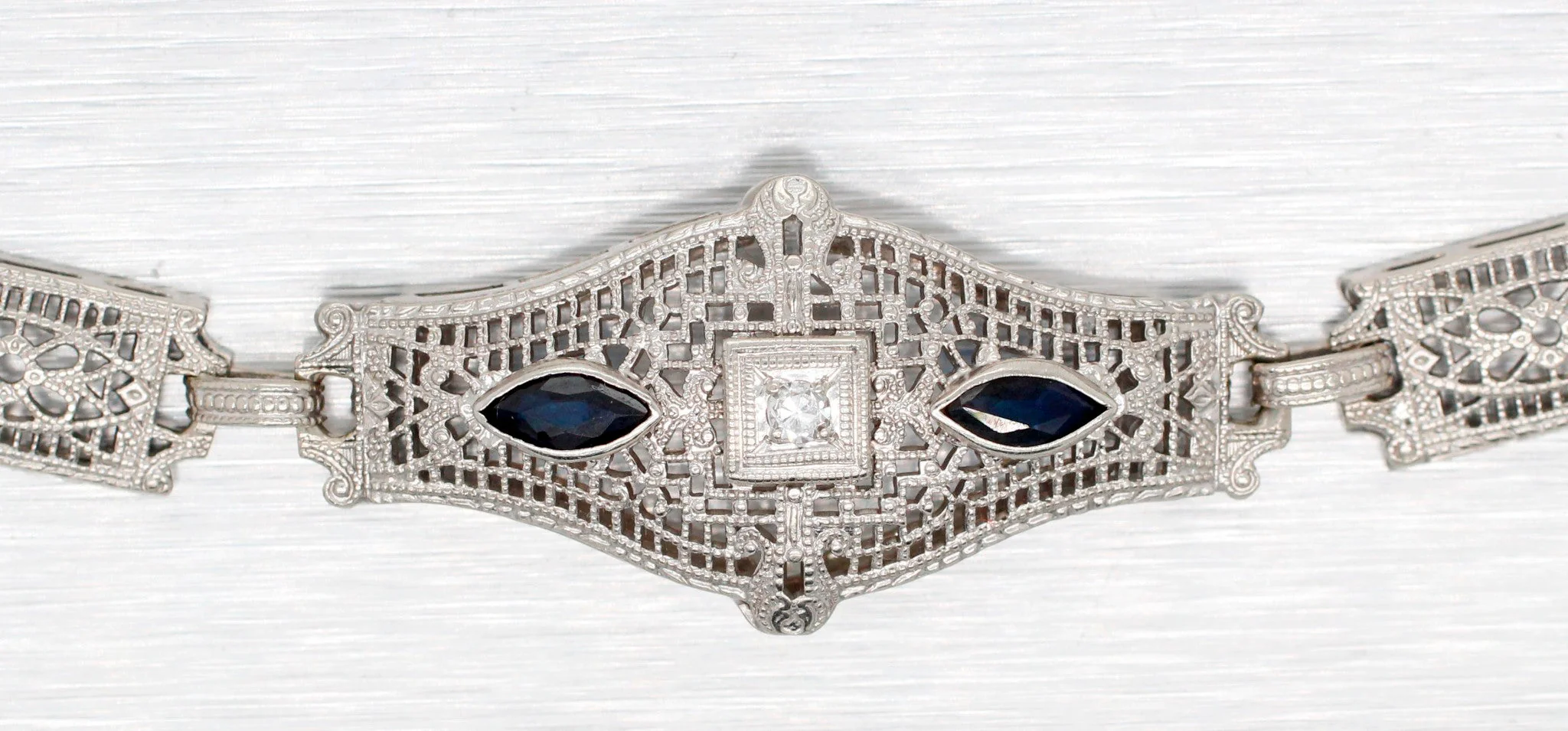 Antique Art Deco Diamond & Sapphire Filigree Bracelet - 14k White Gold - 7” - Image 3