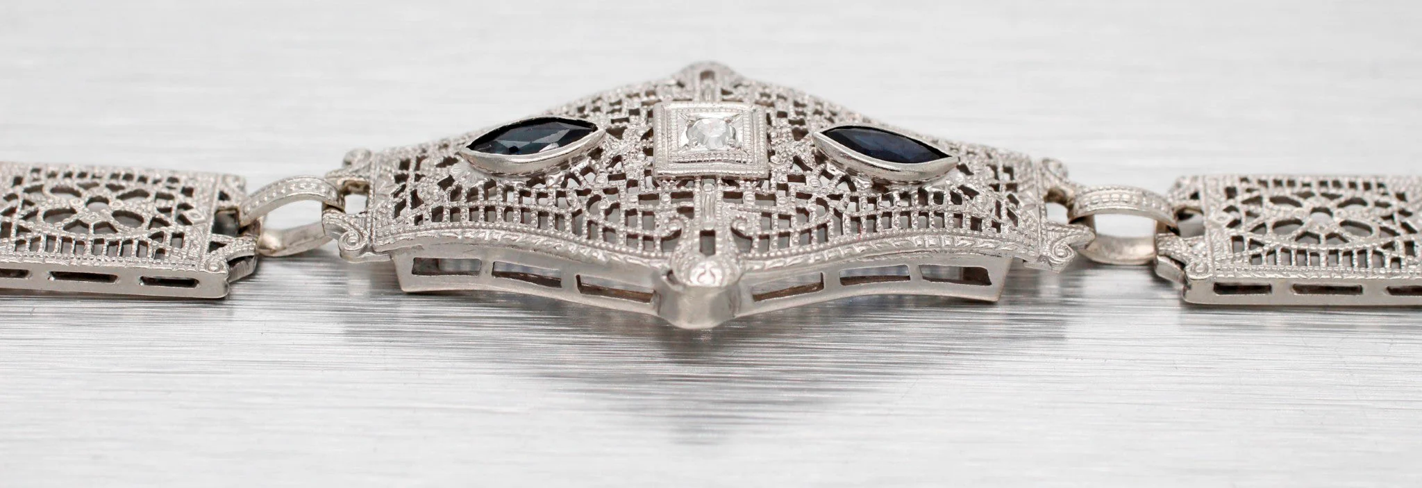 Antique Art Deco Diamond & Sapphire Filigree Bracelet - 14k White Gold - 7” - Image 4