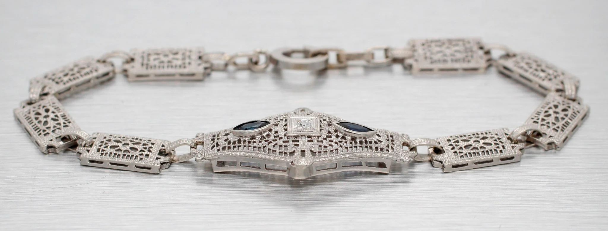 Antique Art Deco Diamond & Sapphire Filigree Bracelet - 14k White Gold - 7” - Image 8