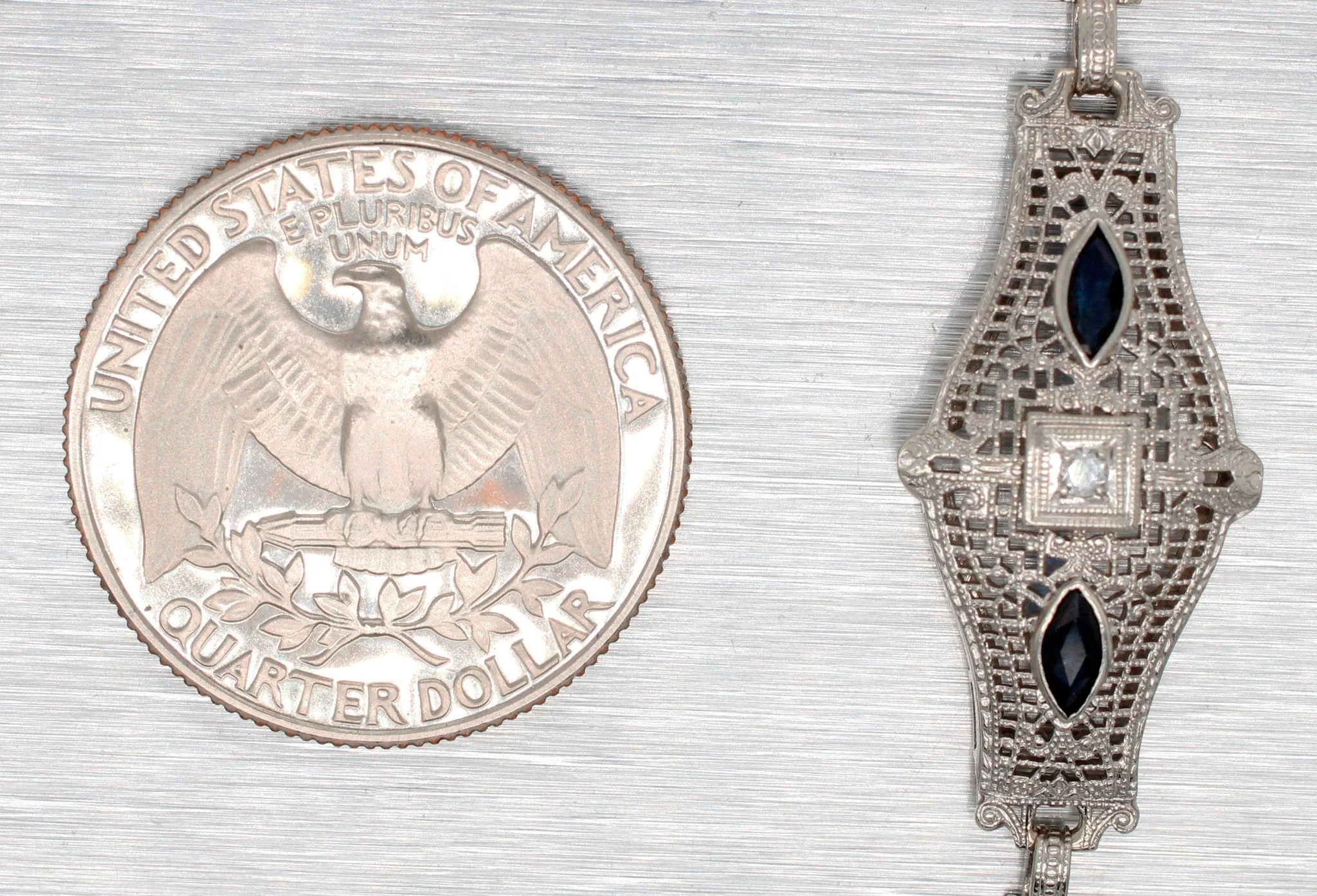 Antique Art Deco Diamond & Sapphire Filigree Bracelet - 14k White Gold - 7” - Image 9