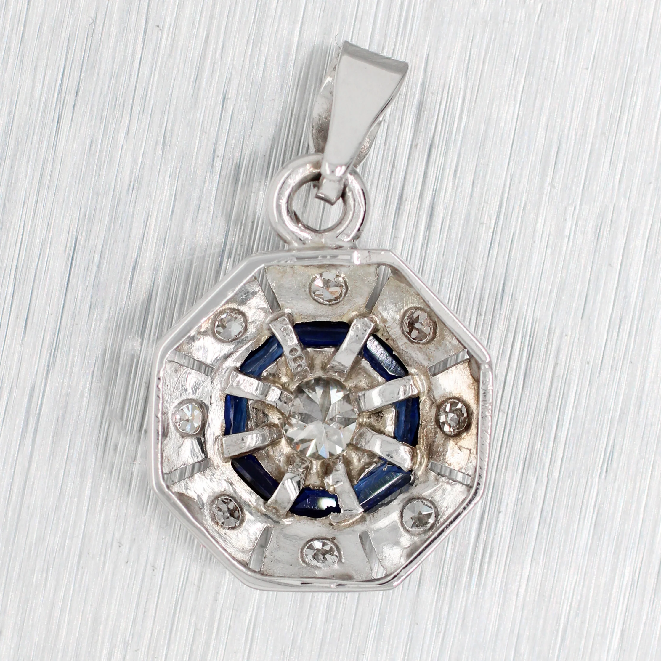 Antique Art Deco Diamond Sapphire Octagon Pendant - 14k White Gold Necklace - 16" - Image 4