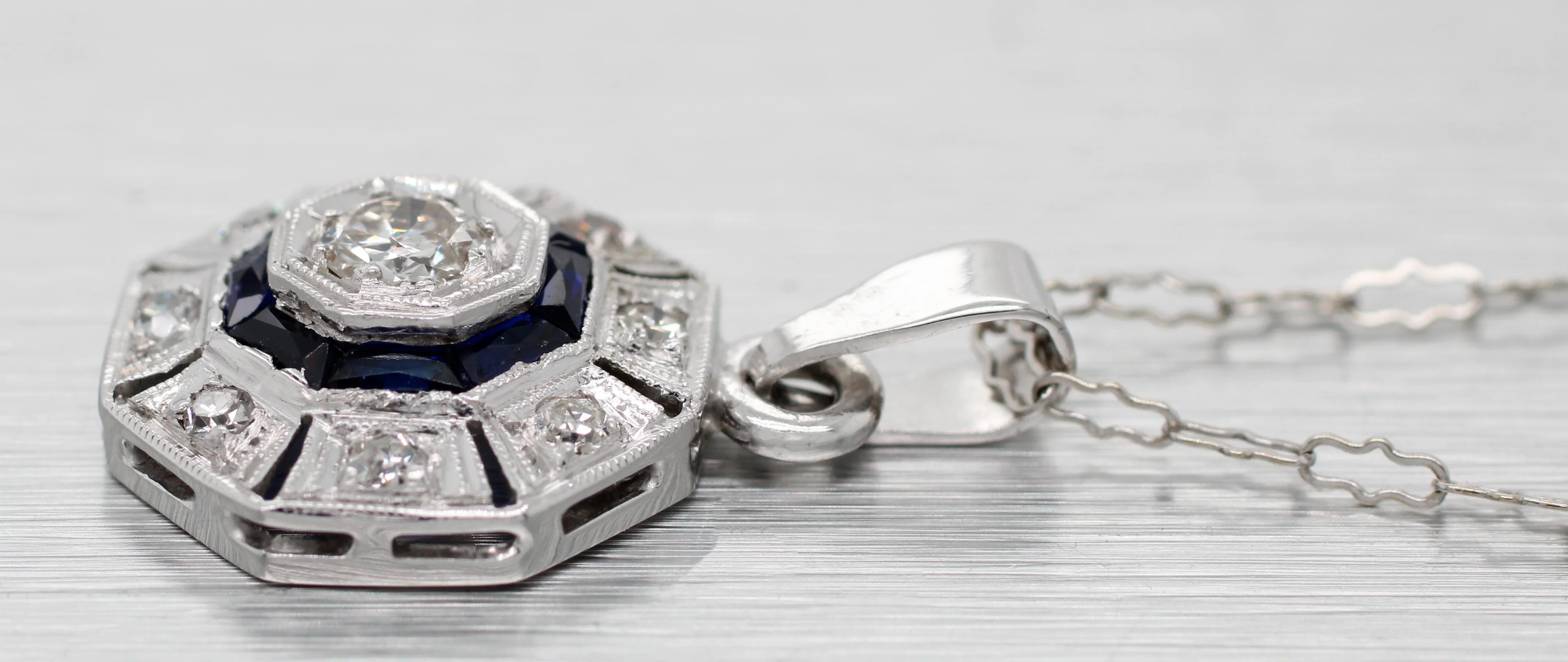 Antique Art Deco Diamond Sapphire Octagon Pendant - 14k White Gold Necklace - 16" - Image 5