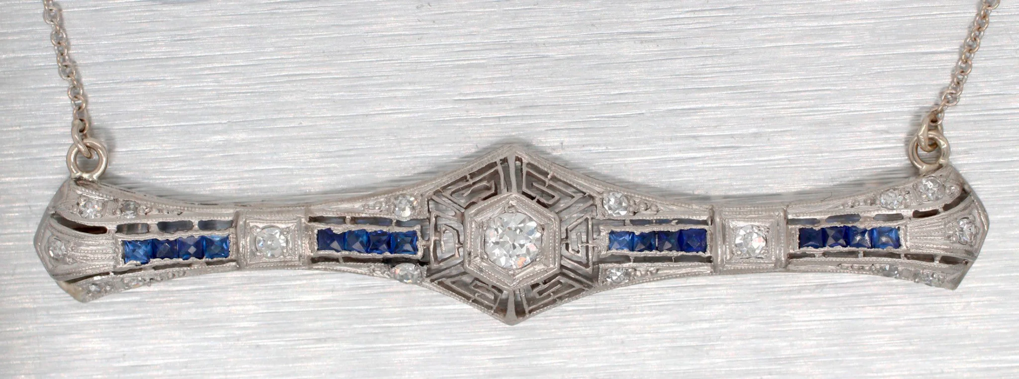Antique Art Deco Diamond & Sapphire Platinum Pendant - 14k White Gold Necklace - Image 2