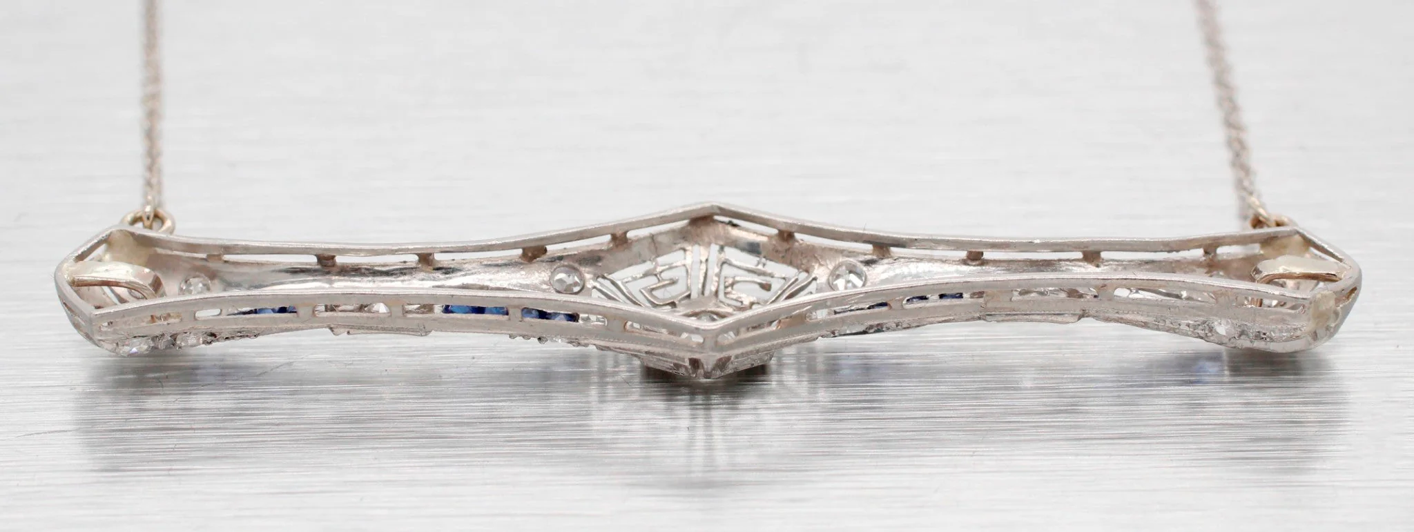 Antique Art Deco Diamond & Sapphire Platinum Pendant - 14k White Gold Necklace - Image 4