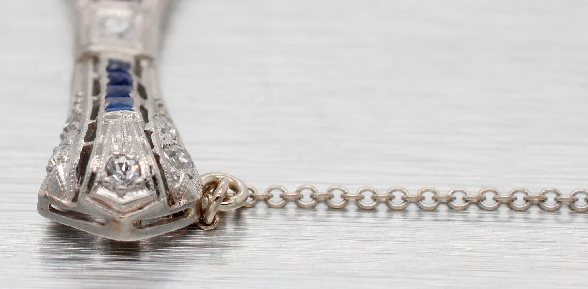 Antique Art Deco Diamond & Sapphire Platinum Pendant - 14k White Gold Necklace - Image 5