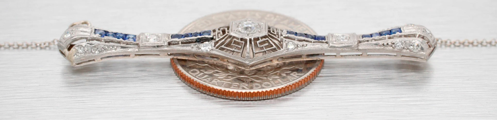 Antique Art Deco Diamond & Sapphire Platinum Pendant - 14k White Gold Necklace - Image 7