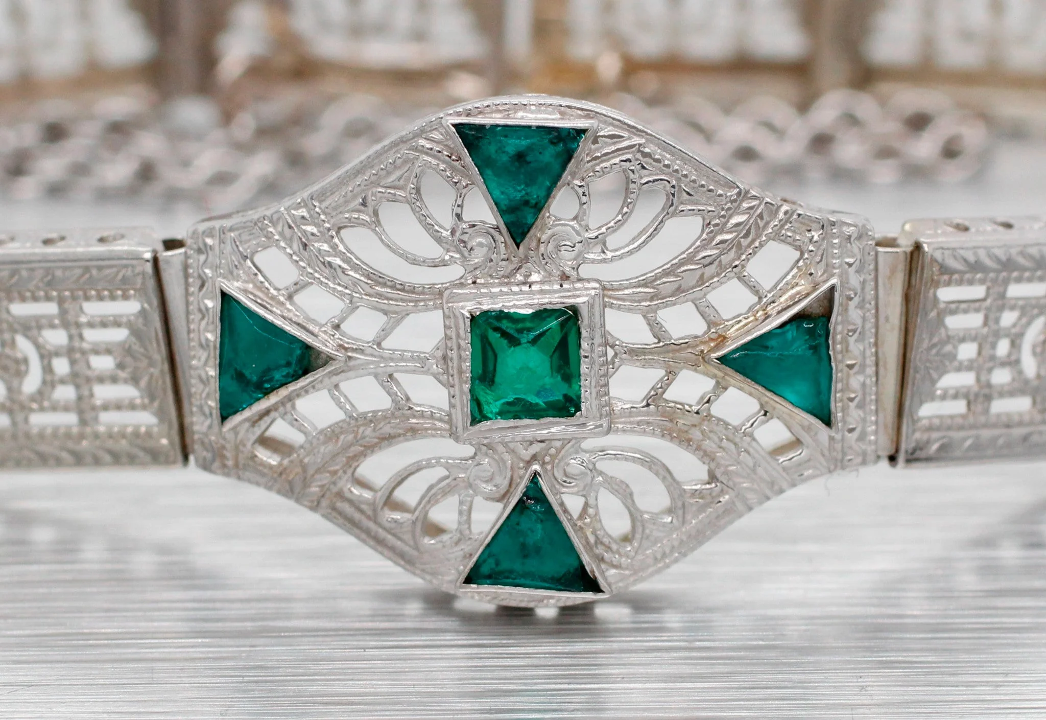 Antique Art Deco Green Emerald Filigree Bracelet - 14k White Gold - 7.75" - Image 2