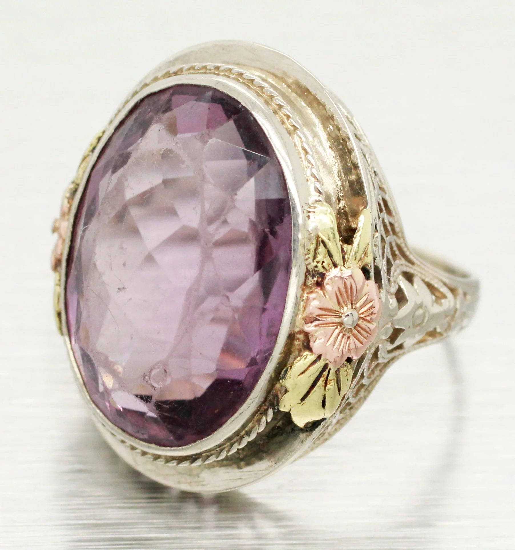 Antique Art Deco Amethyst Cocktail Ring | 14k Tri-Tone Gold Flower Filigree - Image 2