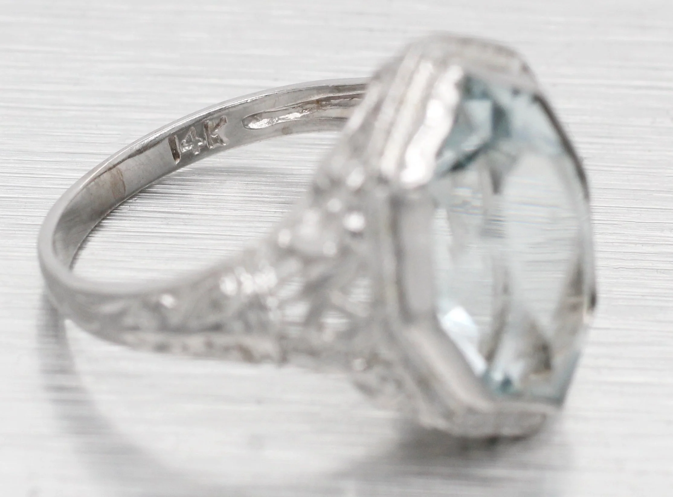 Antique Art Deco Pointed Marquise Aquamarine Cocktail Ring - 14k White Gold - Image 2