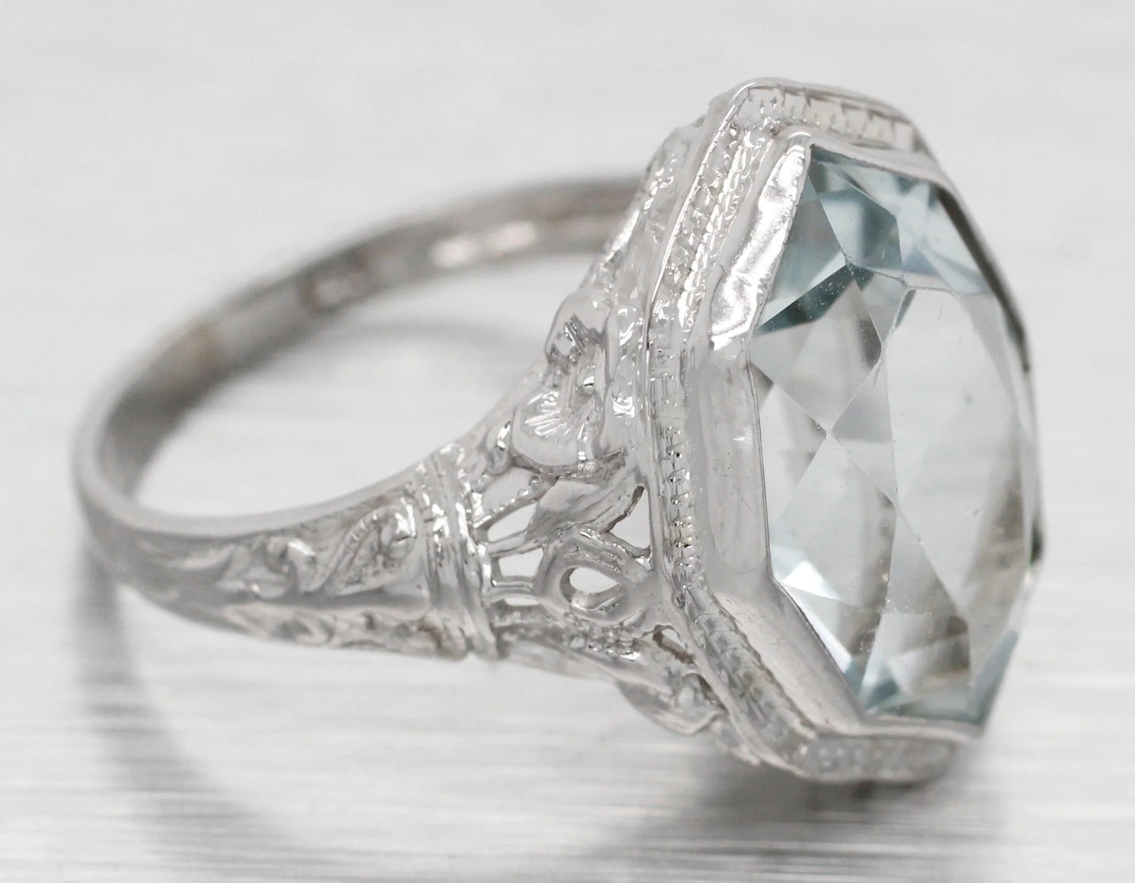 Antique Art Deco Pointed Marquise Aquamarine Cocktail Ring - 14k White Gold - Image 3