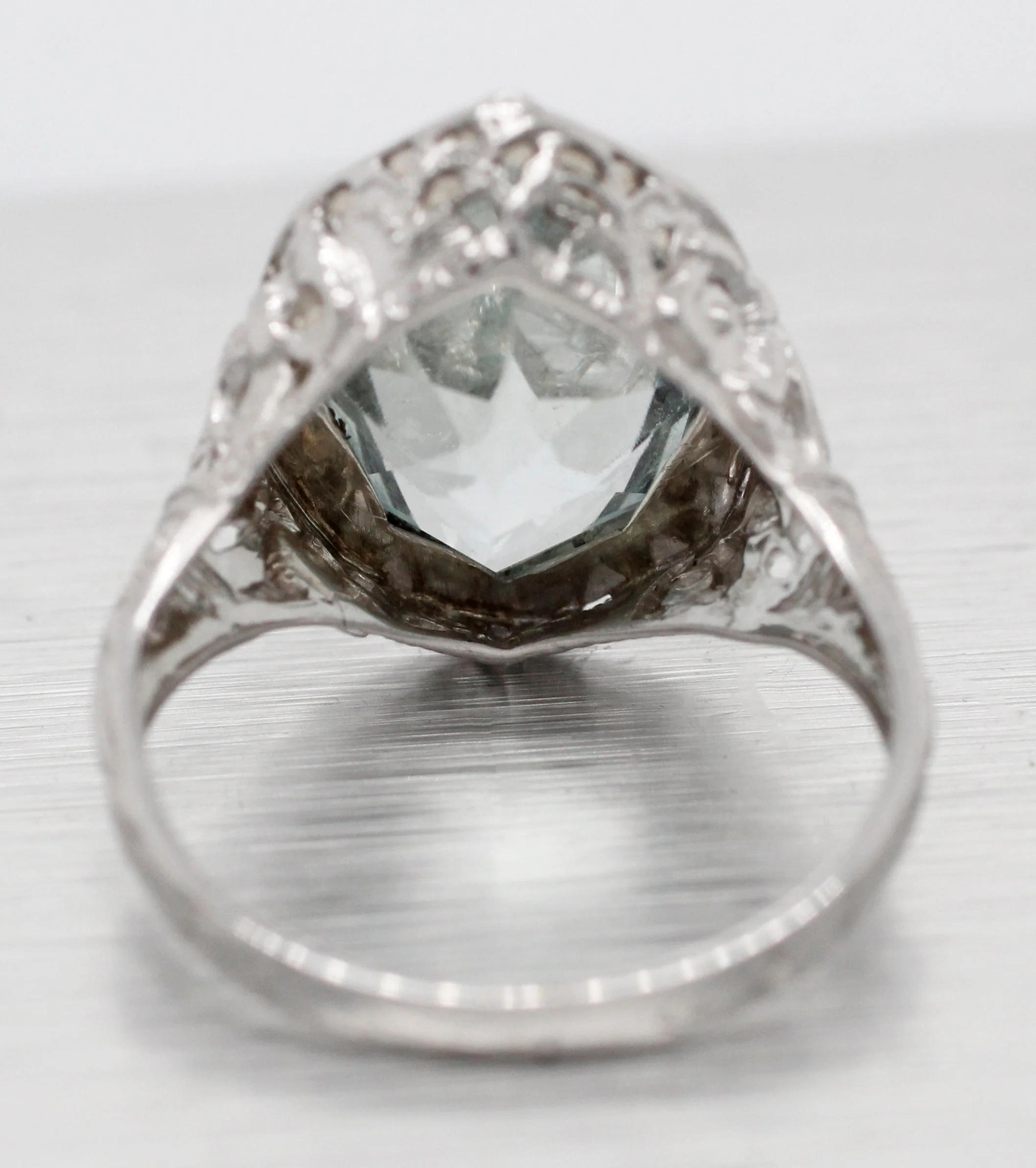 Antique Art Deco Pointed Marquise Aquamarine Cocktail Ring - 14k White Gold - Image 4