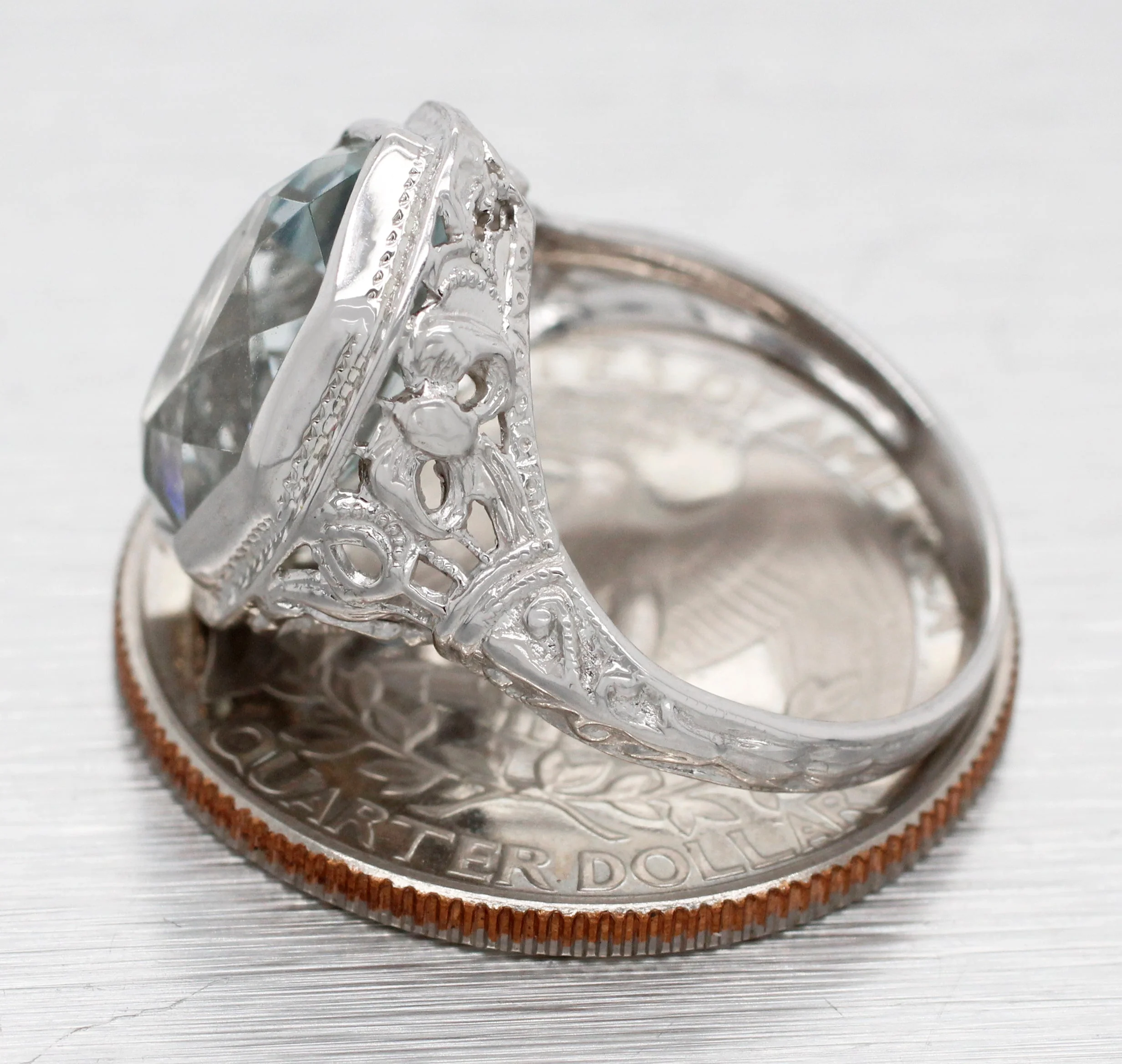 Antique Art Deco Pointed Marquise Aquamarine Cocktail Ring - 14k White Gold - Image 5