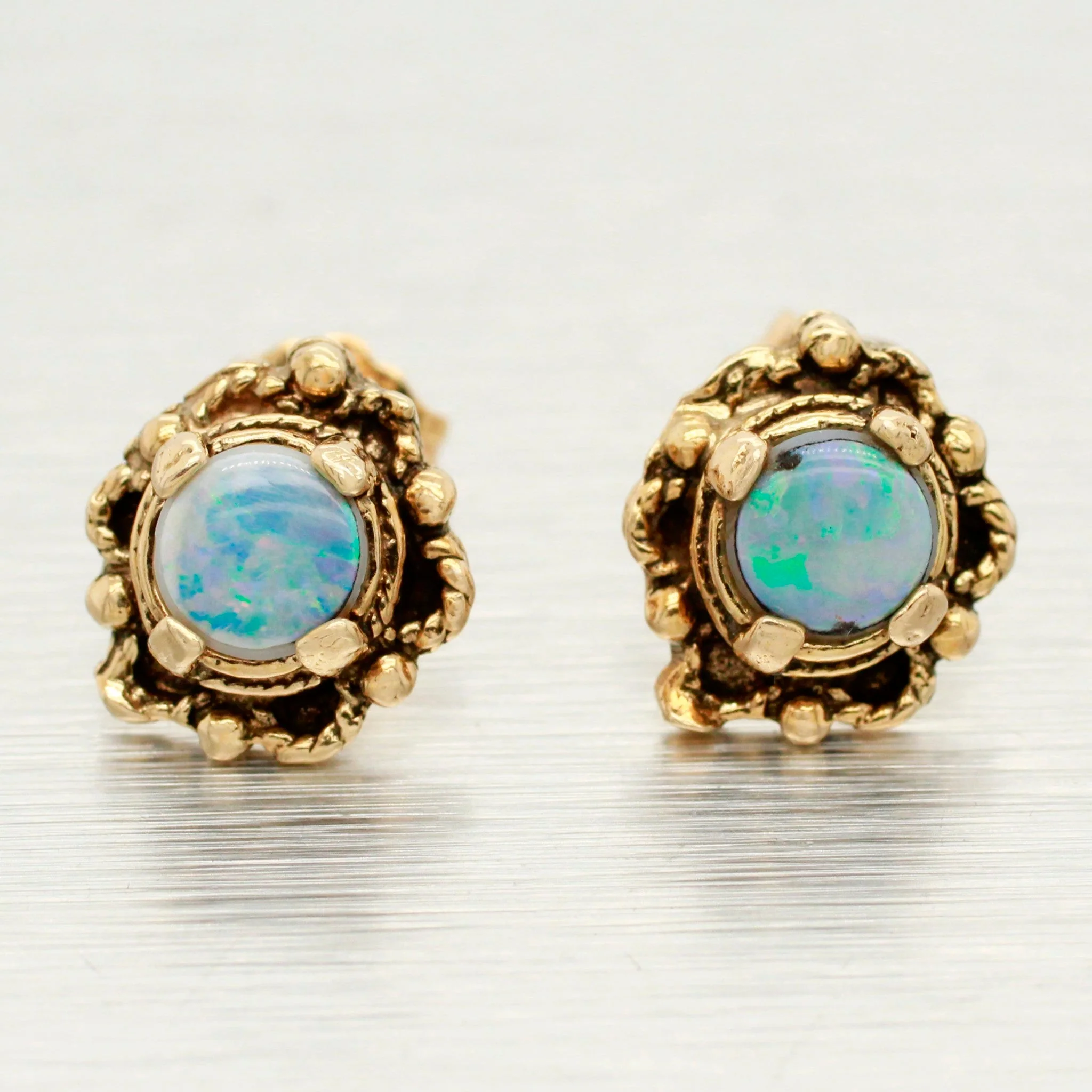 Antique Art Deco Opal Stud Earrings - 14k Yellow Gold Floral Shape - Image 2
