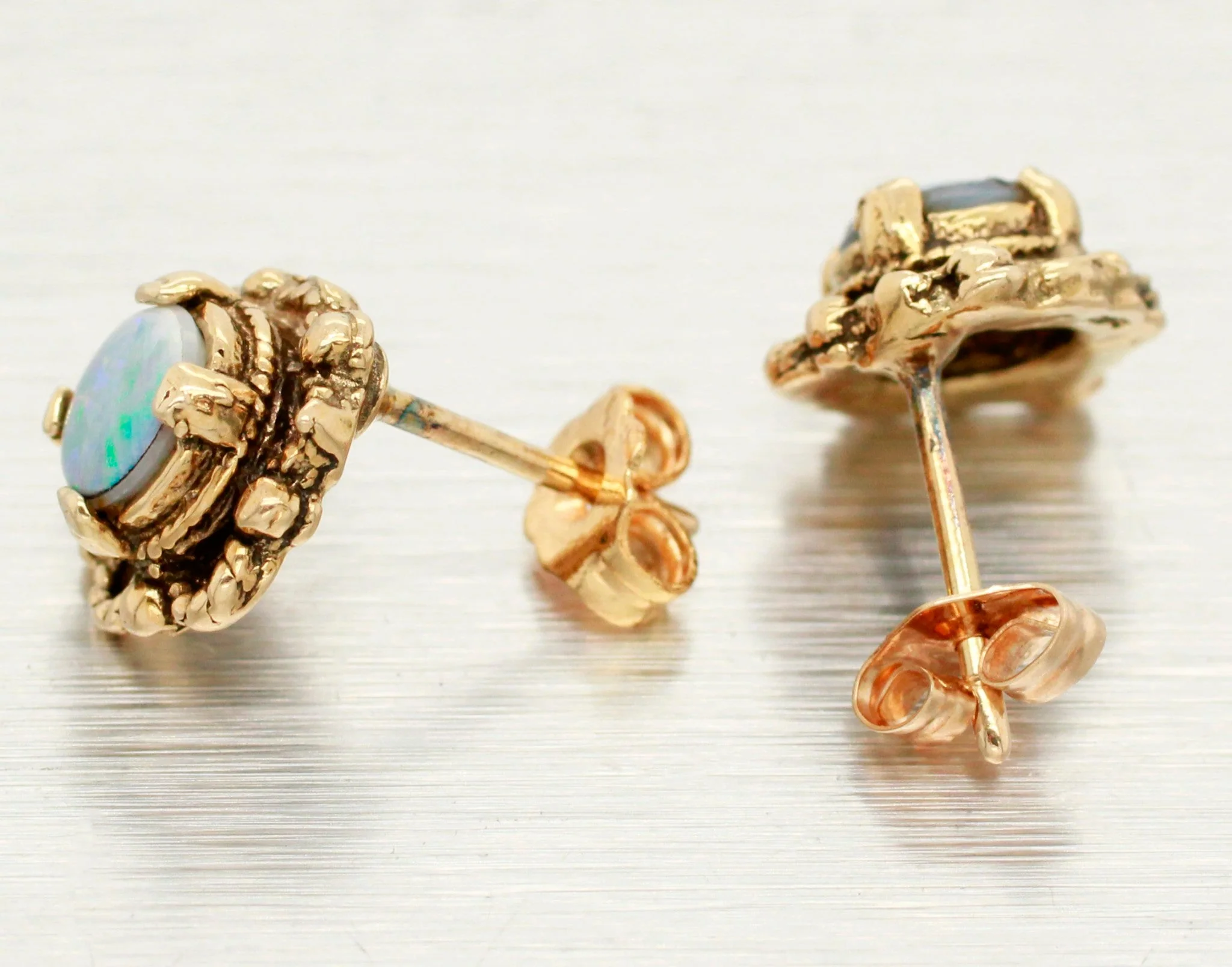 Antique Art Deco Opal Stud Earrings - 14k Yellow Gold Floral Shape - Image 3