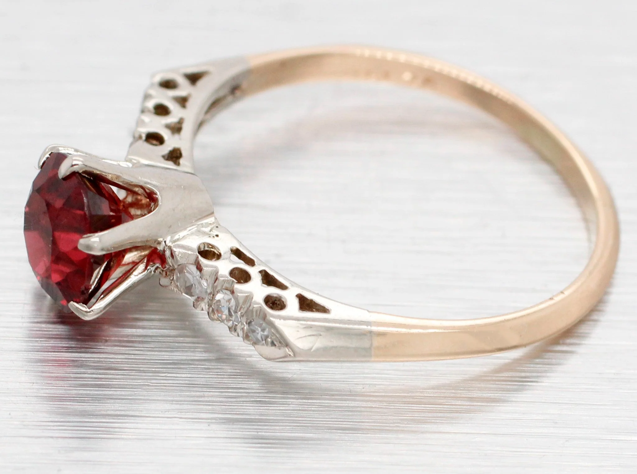 Antique Art Deco Oval Garnet Engagement Ring w/ Diamond Accents - 14k Gold - Image 2