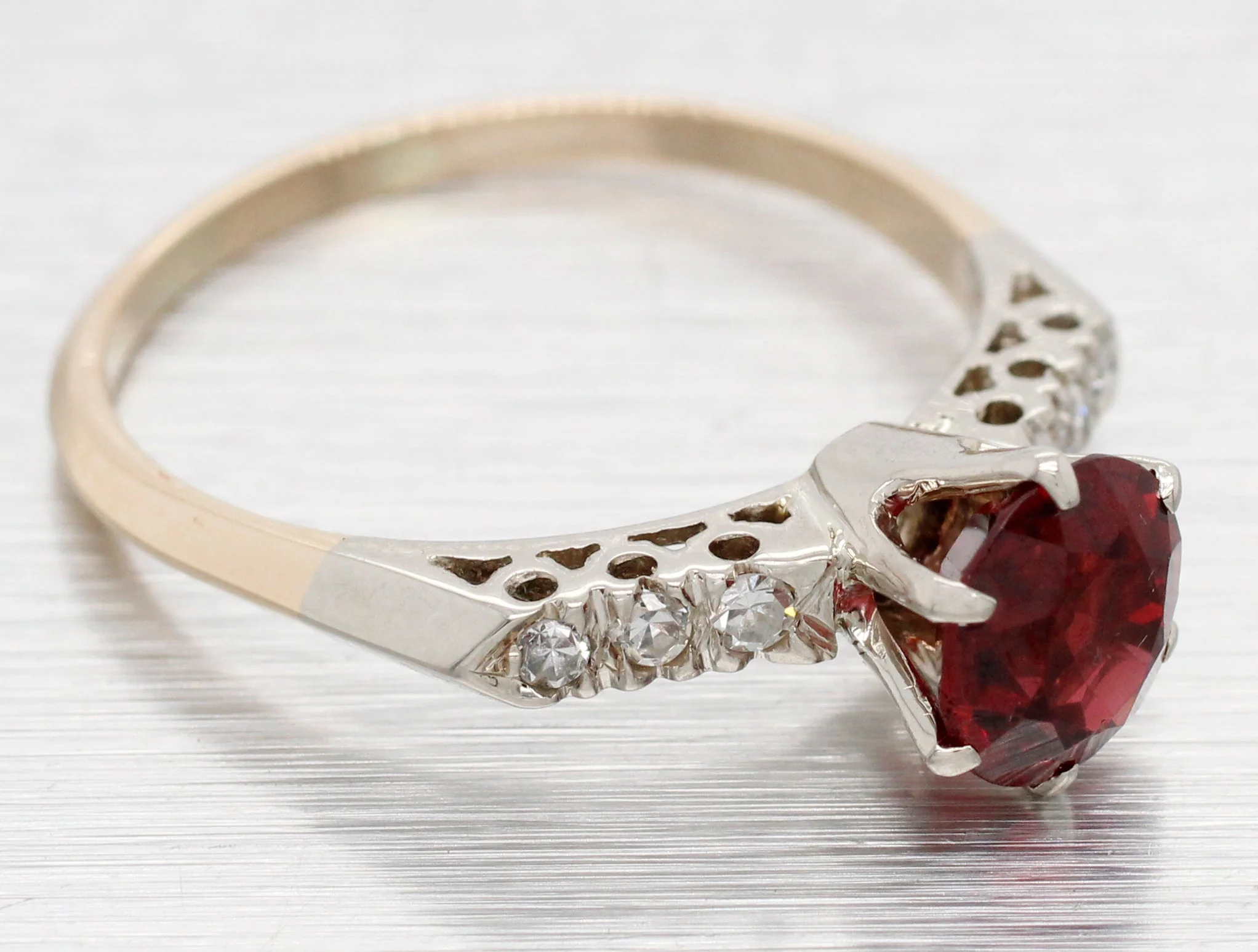 Antique Art Deco Oval Garnet Engagement Ring w/ Diamond Accents - 14k Gold - Image 3