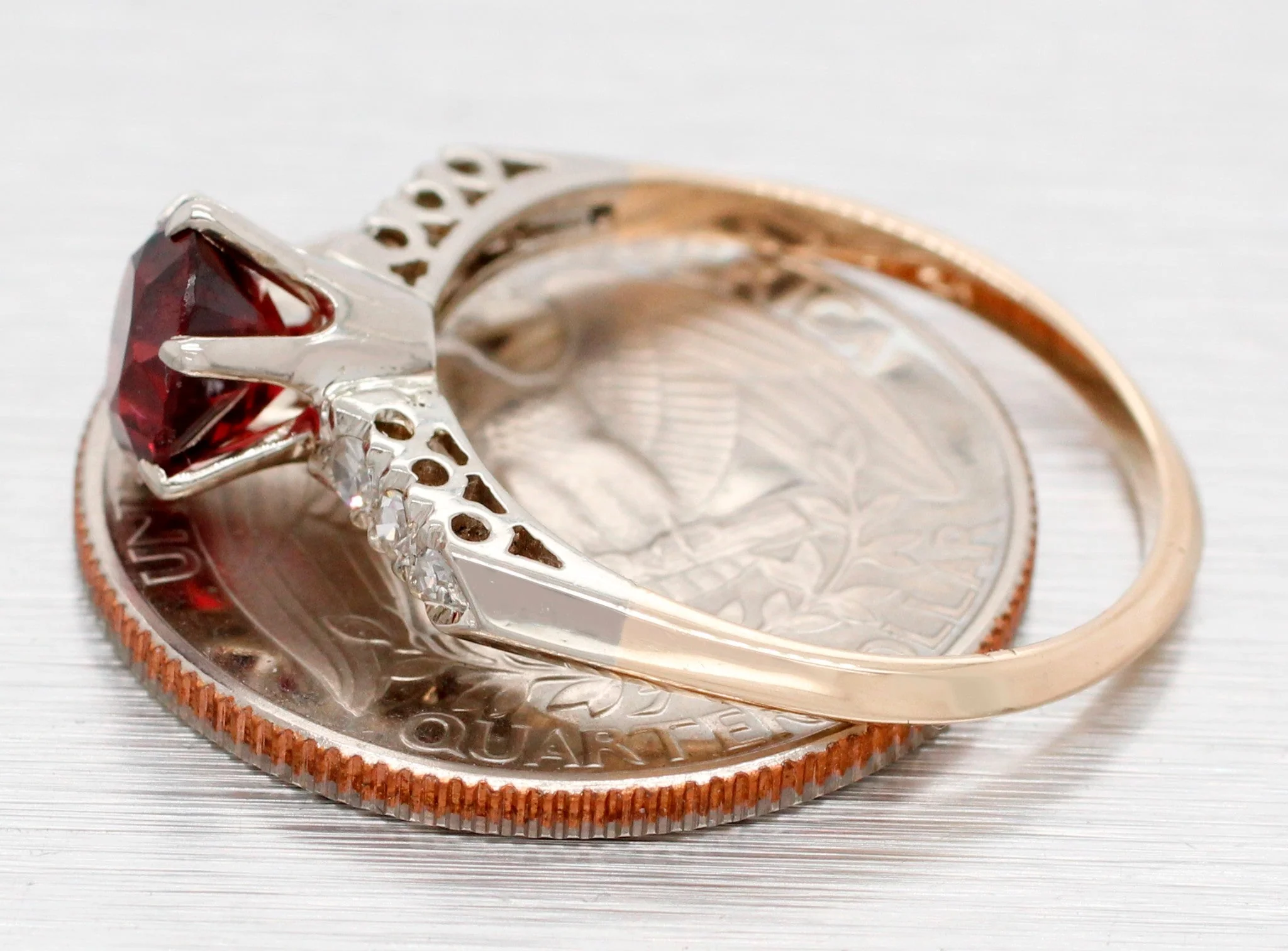 Antique Art Deco Oval Garnet Engagement Ring w/ Diamond Accents - 14k Gold - Image 5