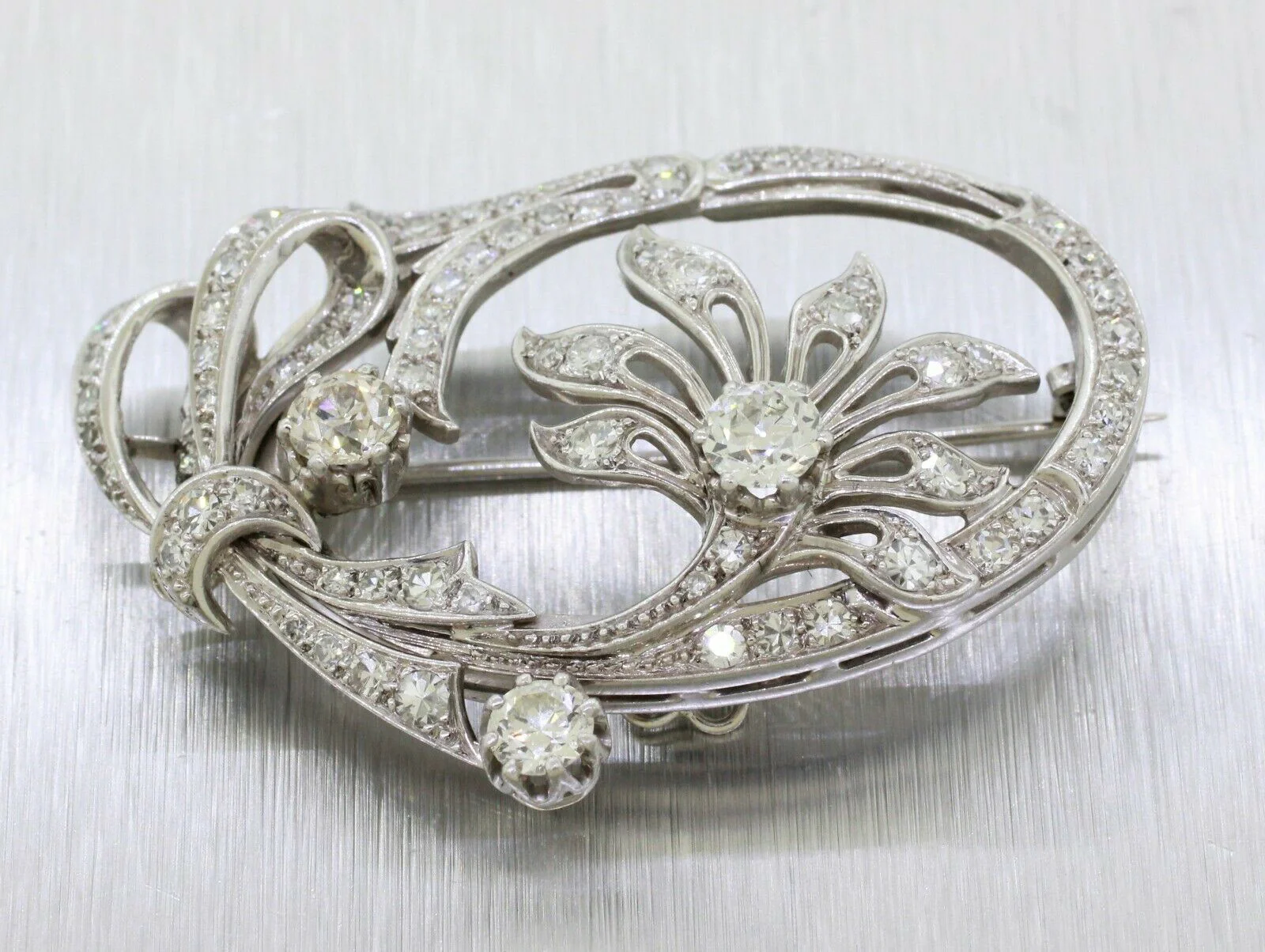 Antique Art Deco Platinum 3.00ctw F/VS2 Diamond Floral Oval Brooch Pendant - Image 3