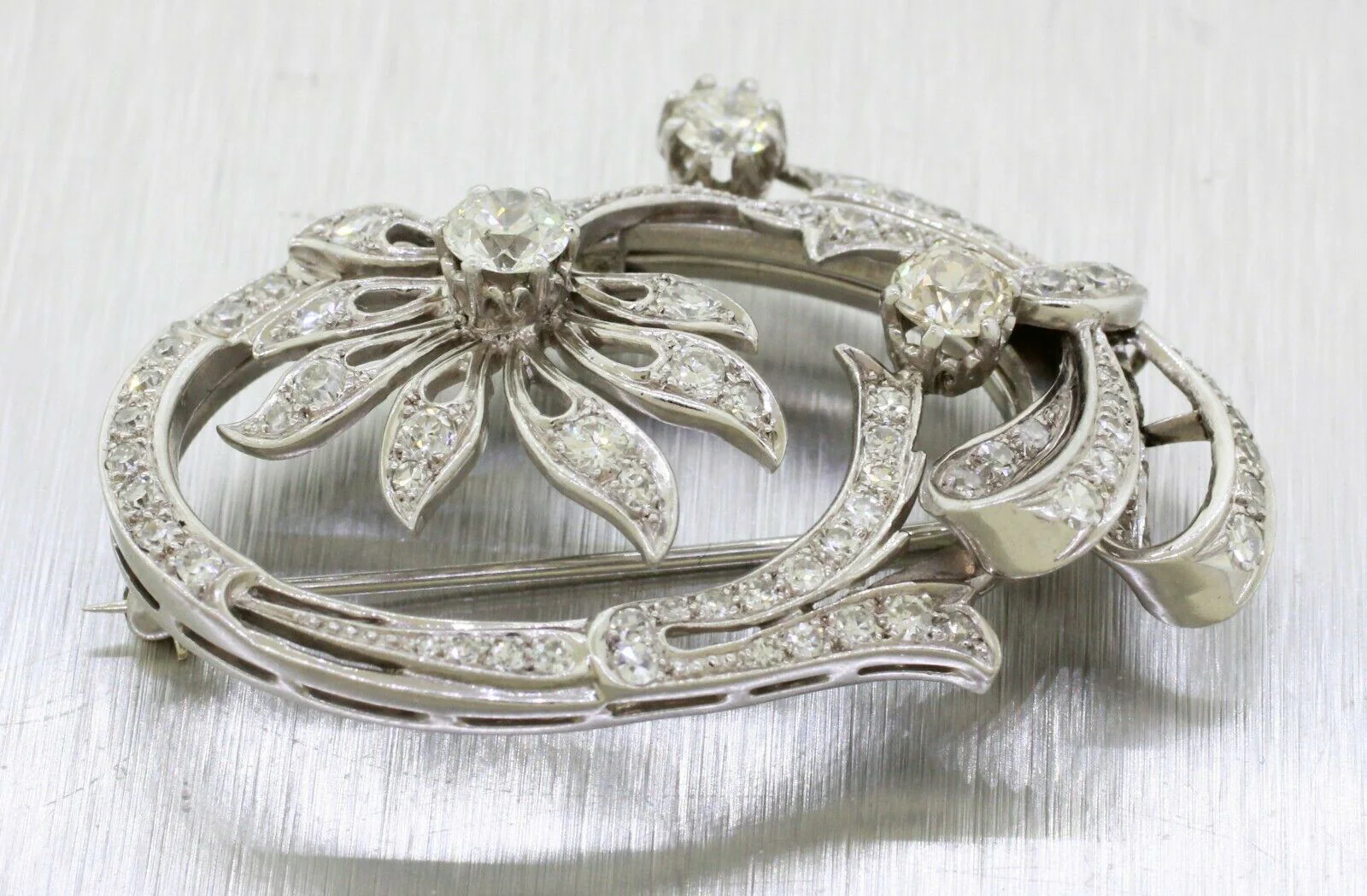Antique Art Deco Platinum 3.00ctw F/VS2 Diamond Floral Oval Brooch Pendant - Image 4