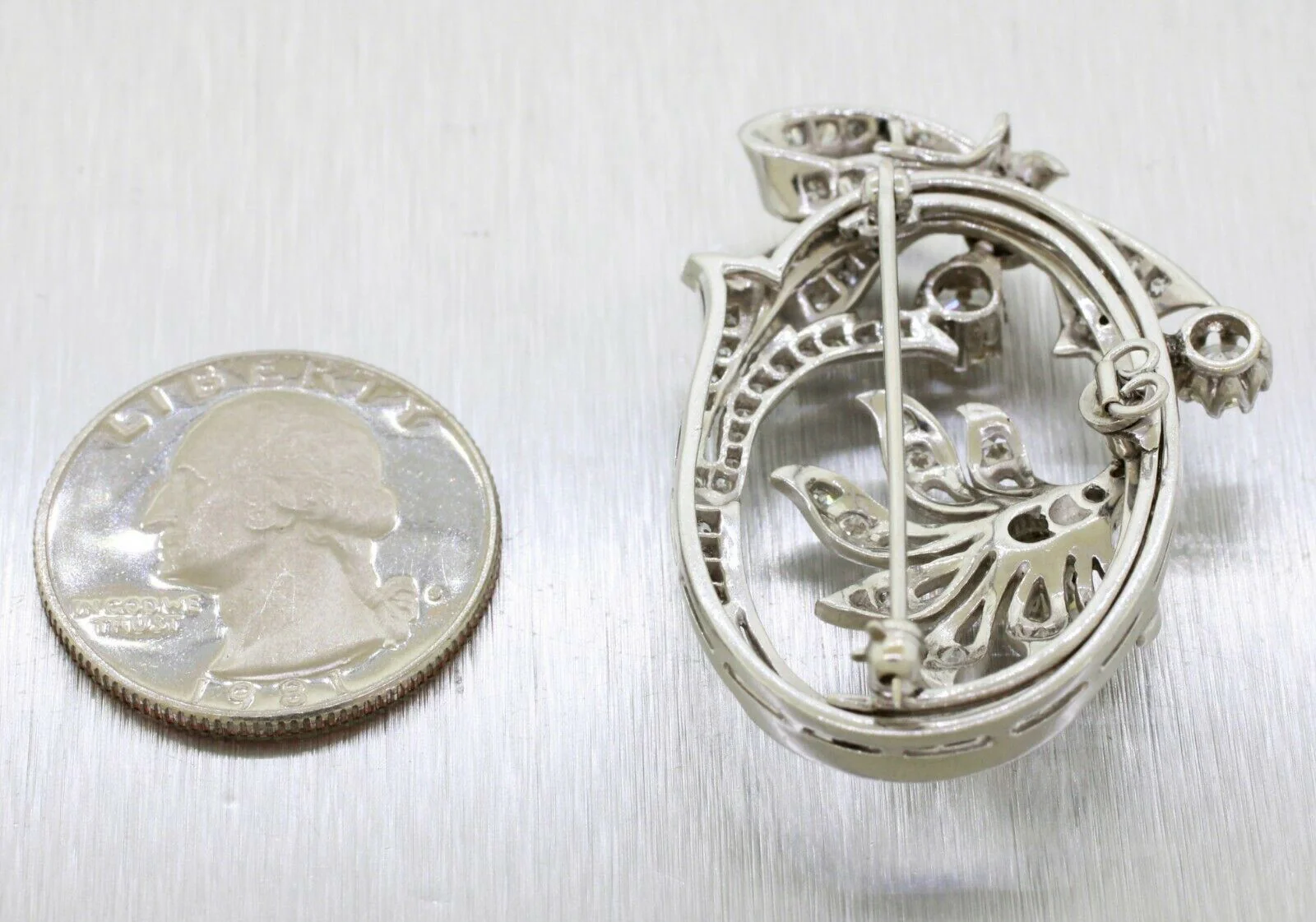 Antique Art Deco Platinum 3.00ctw F/VS2 Diamond Floral Oval Brooch Pendant - Image 5