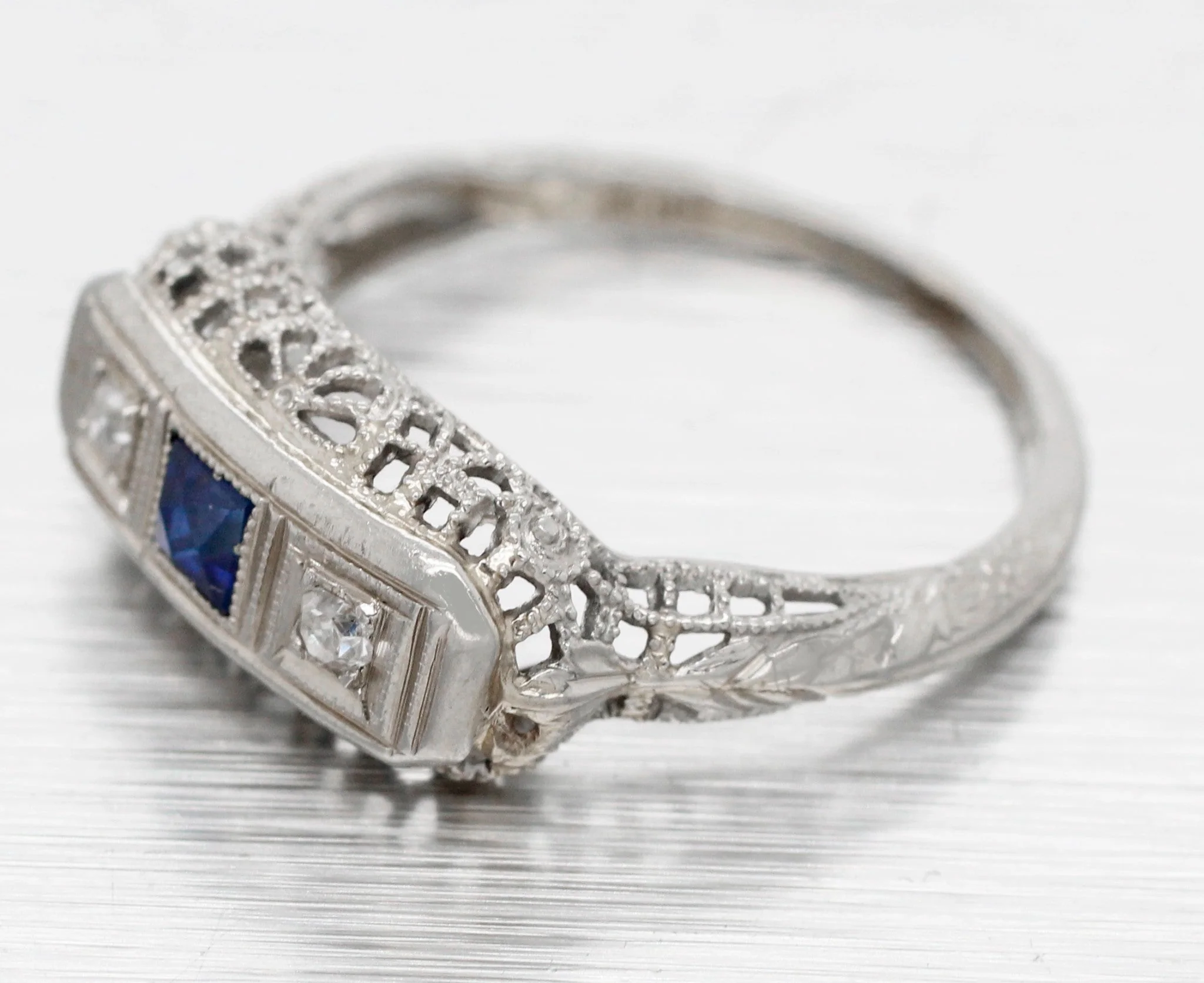 Antique Art Deco Square Sapphire & Diamond Band Ring - 18k White Gold - Image 2