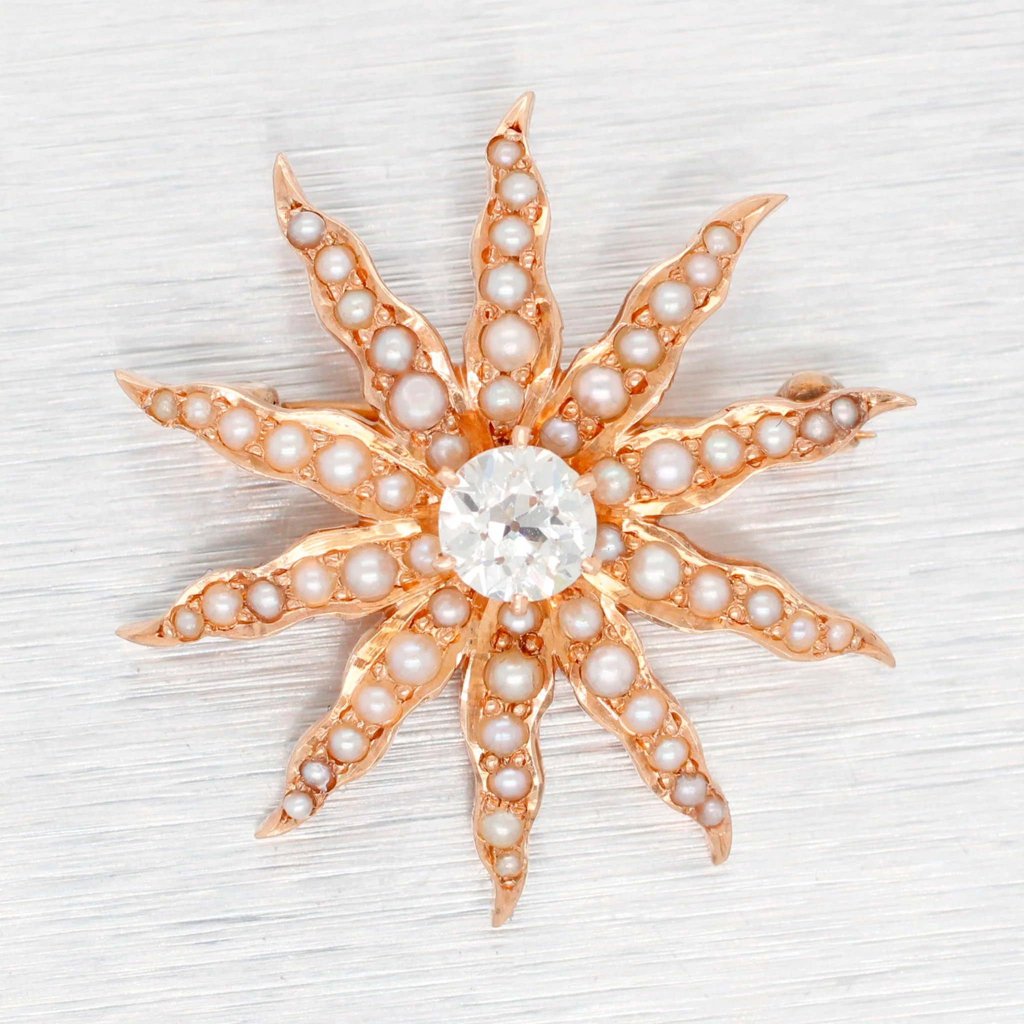 Antique Art Deco Sunstar Diamond & Pearl Starfish Charm / Brooch Pin - 14k Yellow Gold