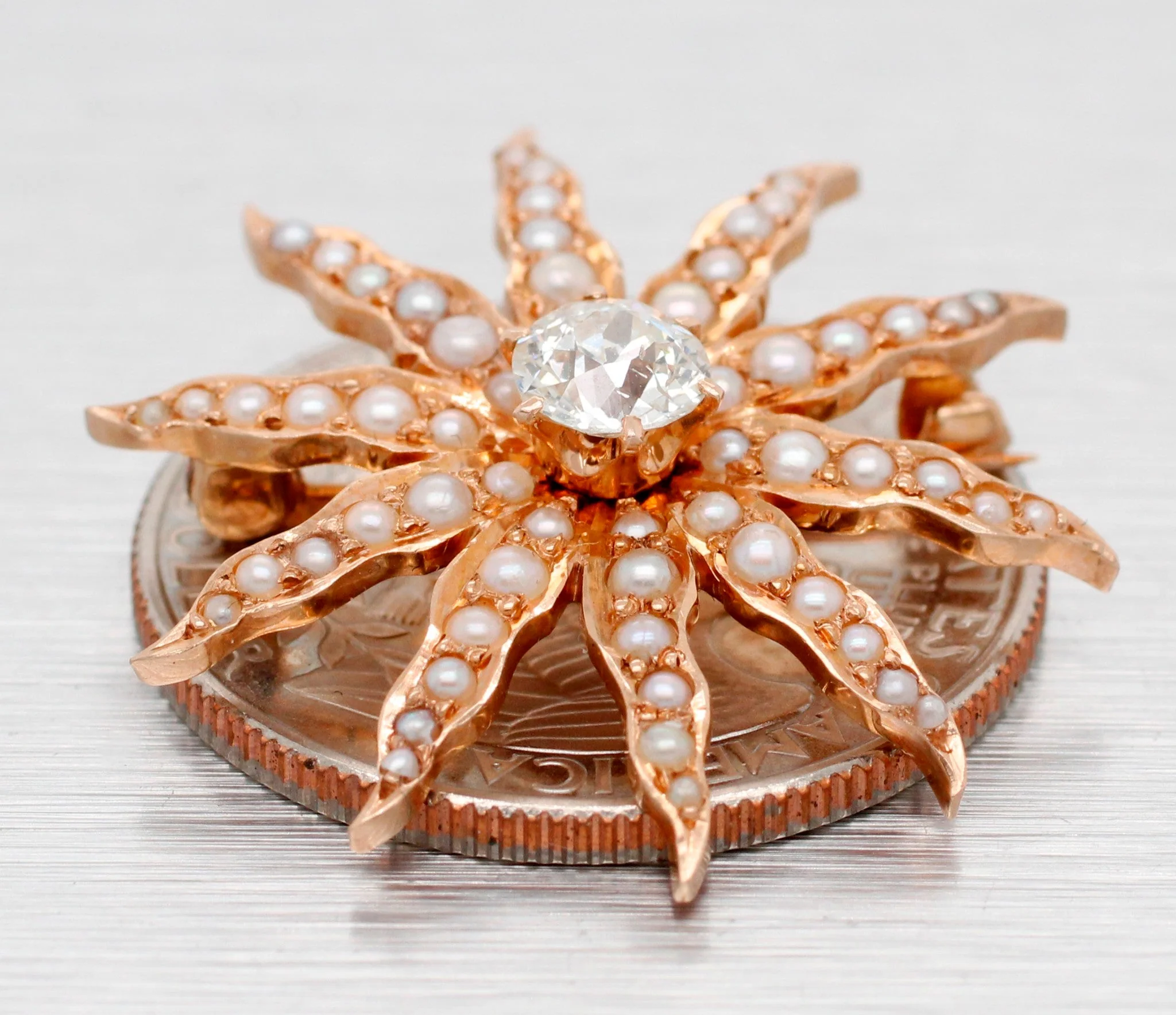 Antique Art Deco Sunstar Diamond & Pearl Starfish Charm / Brooch Pin - 14k Yellow Gold - Image 5