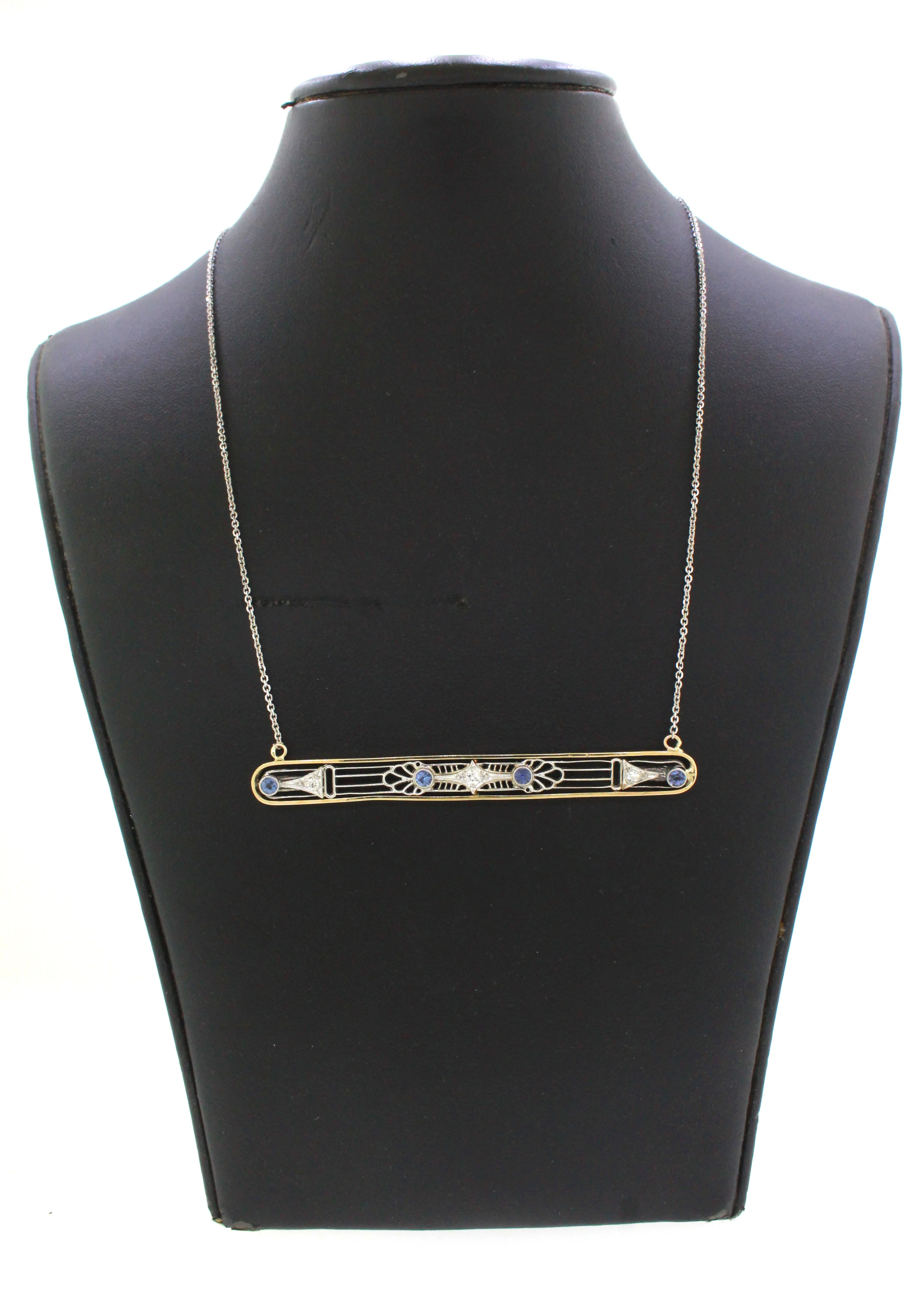 Antique Art Deco Tanzanite & Diamond Bar Pendant - 14k White Gold Necklace - 18" - Image 5