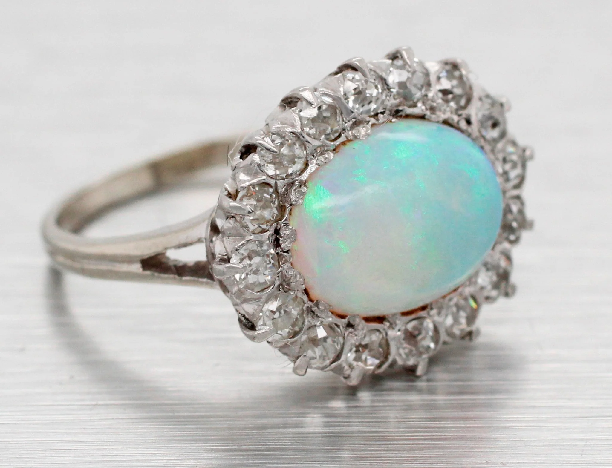 Antique Art Deco White Opal Cocktail Ring w/ Diamond Halo - 14k White Gold - Image 2