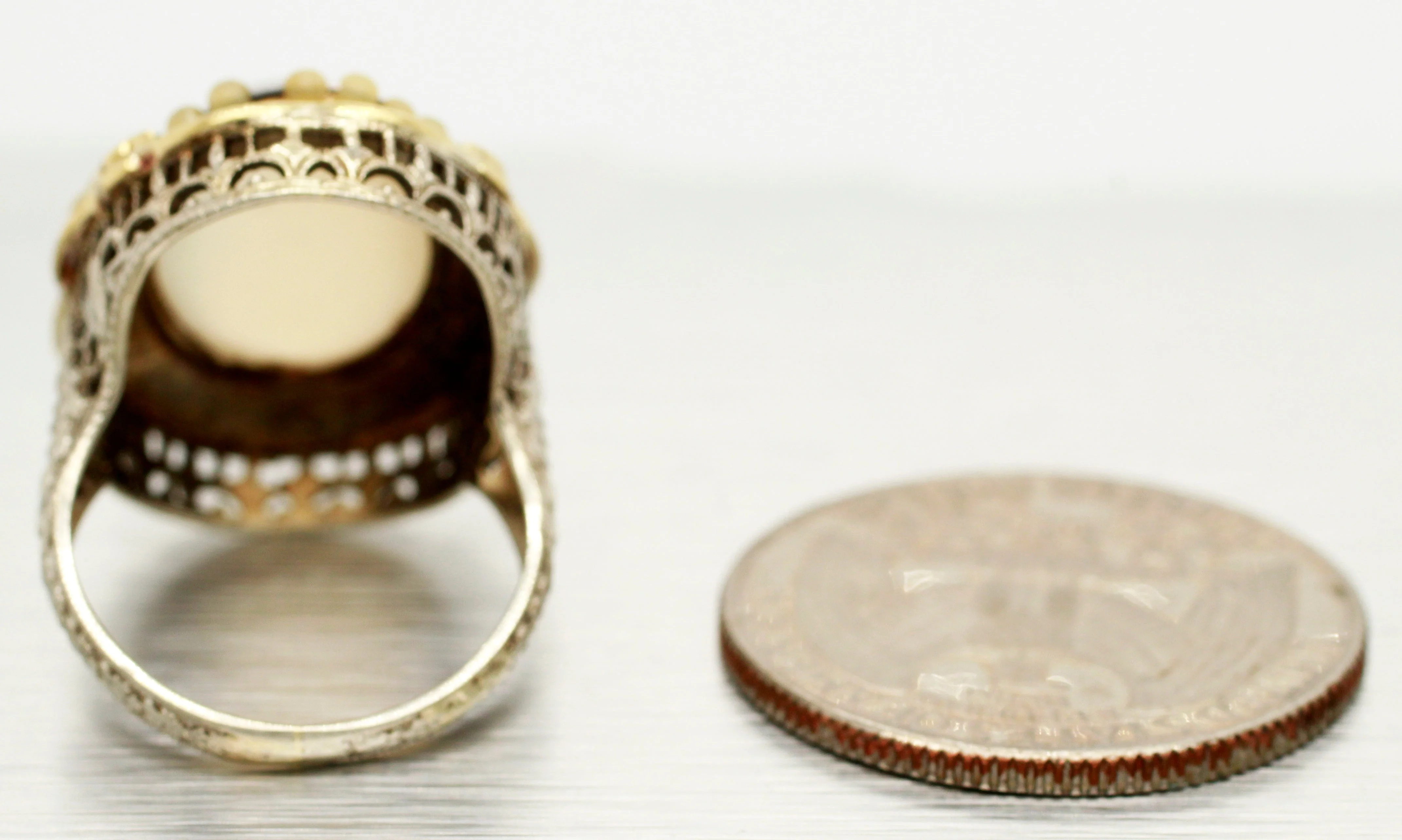 Antique Art Deco 9ct Chalcedony, Pearl, & Enamel Cocktail Ring - 14k White Gold - Image 5