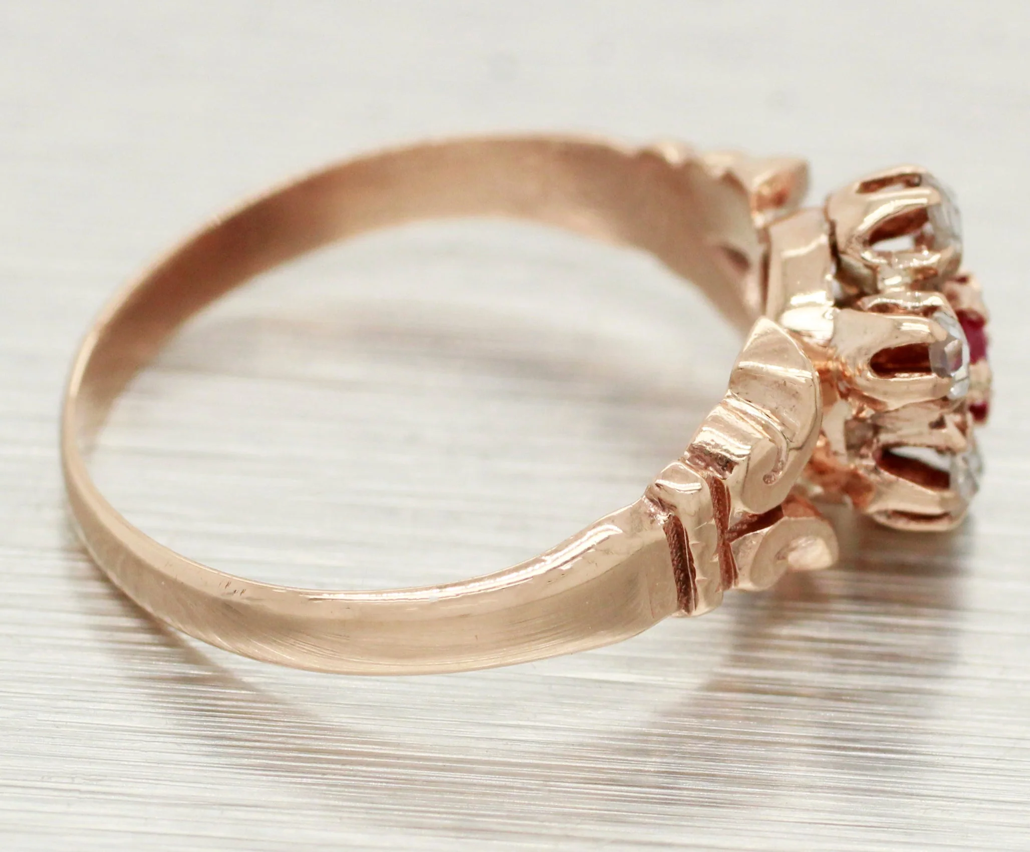 Antique Art Nouveau 0.17ctw Ruby & Diamond Flower Band Ring - 14k Rose Gold - Image 3