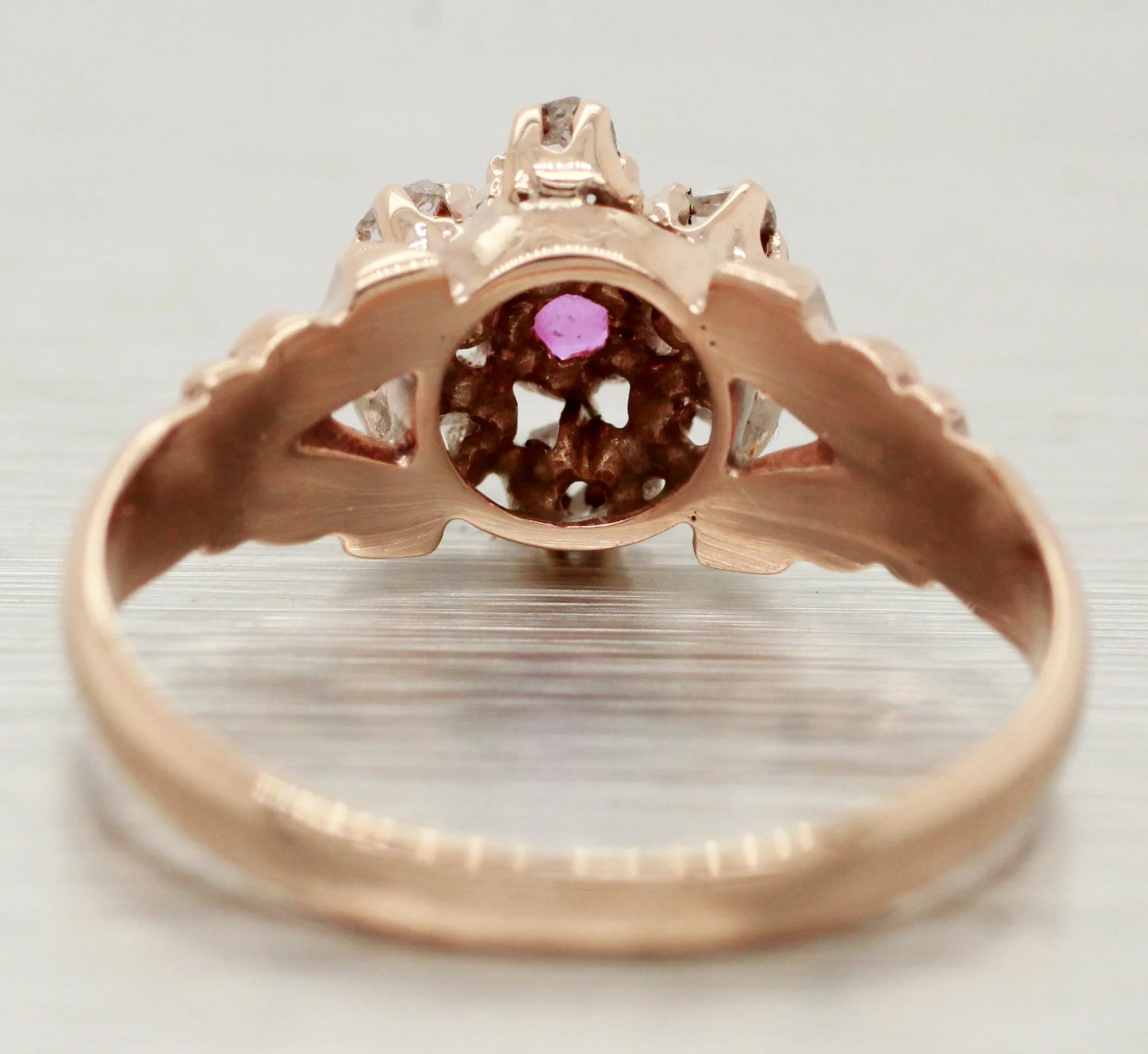 Antique Art Nouveau 0.17ctw Ruby & Diamond Flower Band Ring - 14k Rose Gold - Image 4