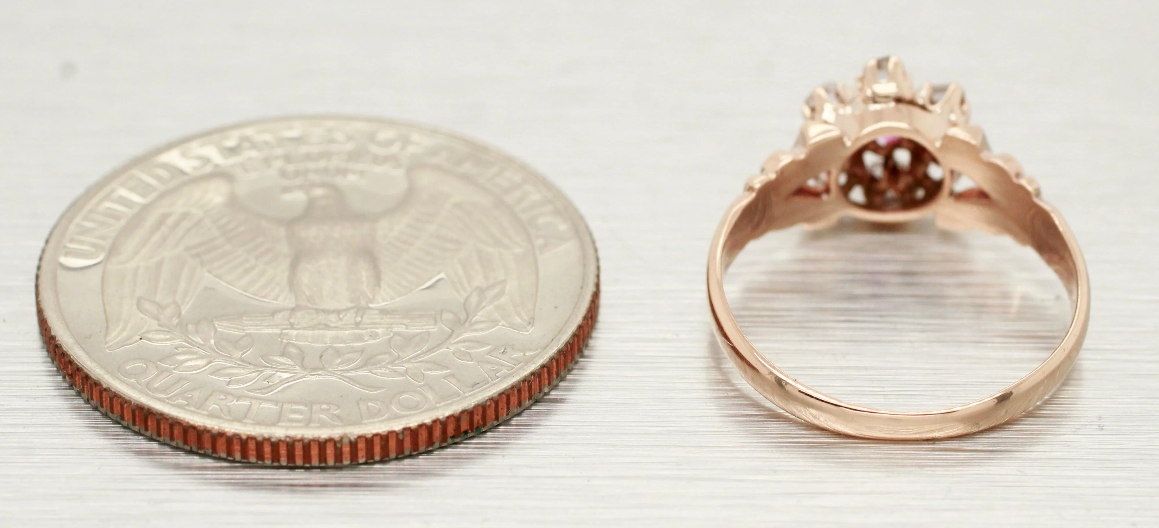 Antique Art Nouveau 0.17ctw Ruby & Diamond Flower Band Ring - 14k Rose Gold - Image 5