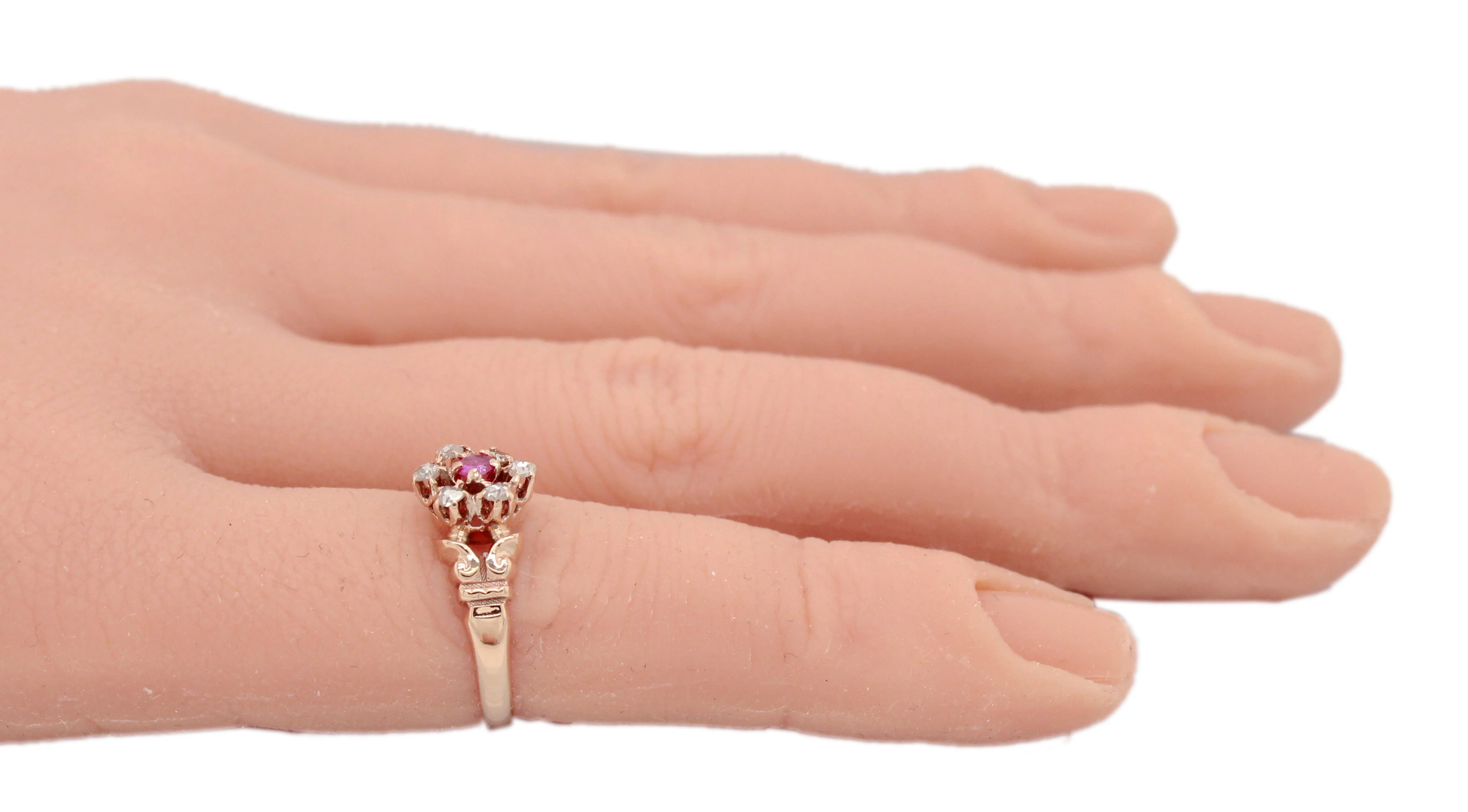 Antique Art Nouveau 0.17ctw Ruby & Diamond Flower Band Ring - 14k Rose Gold - Image 7
